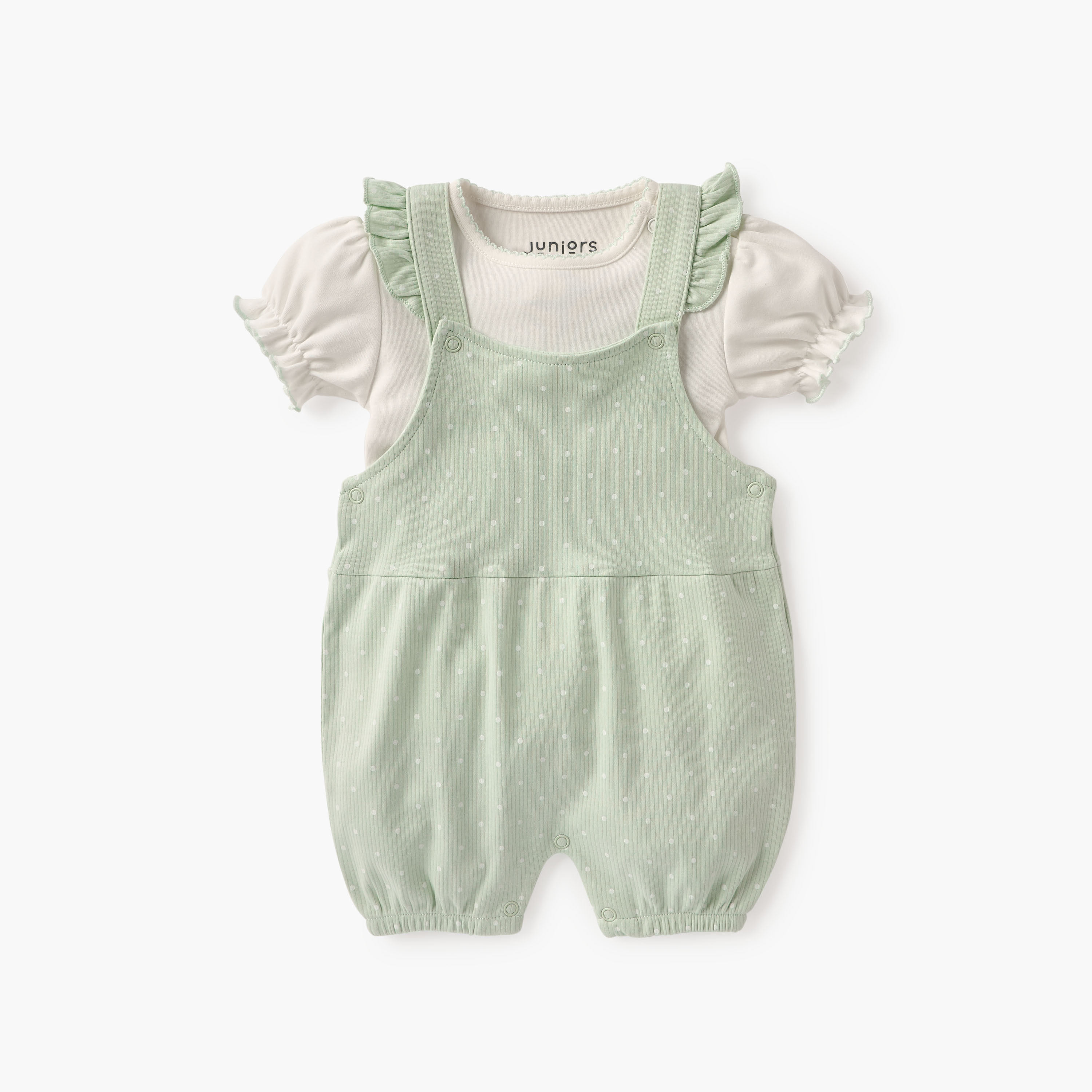Juniors All-Over Polka Dot Print Dungaree and T-shirt Set-baby-girls-clothing-setsandcoords-image-1