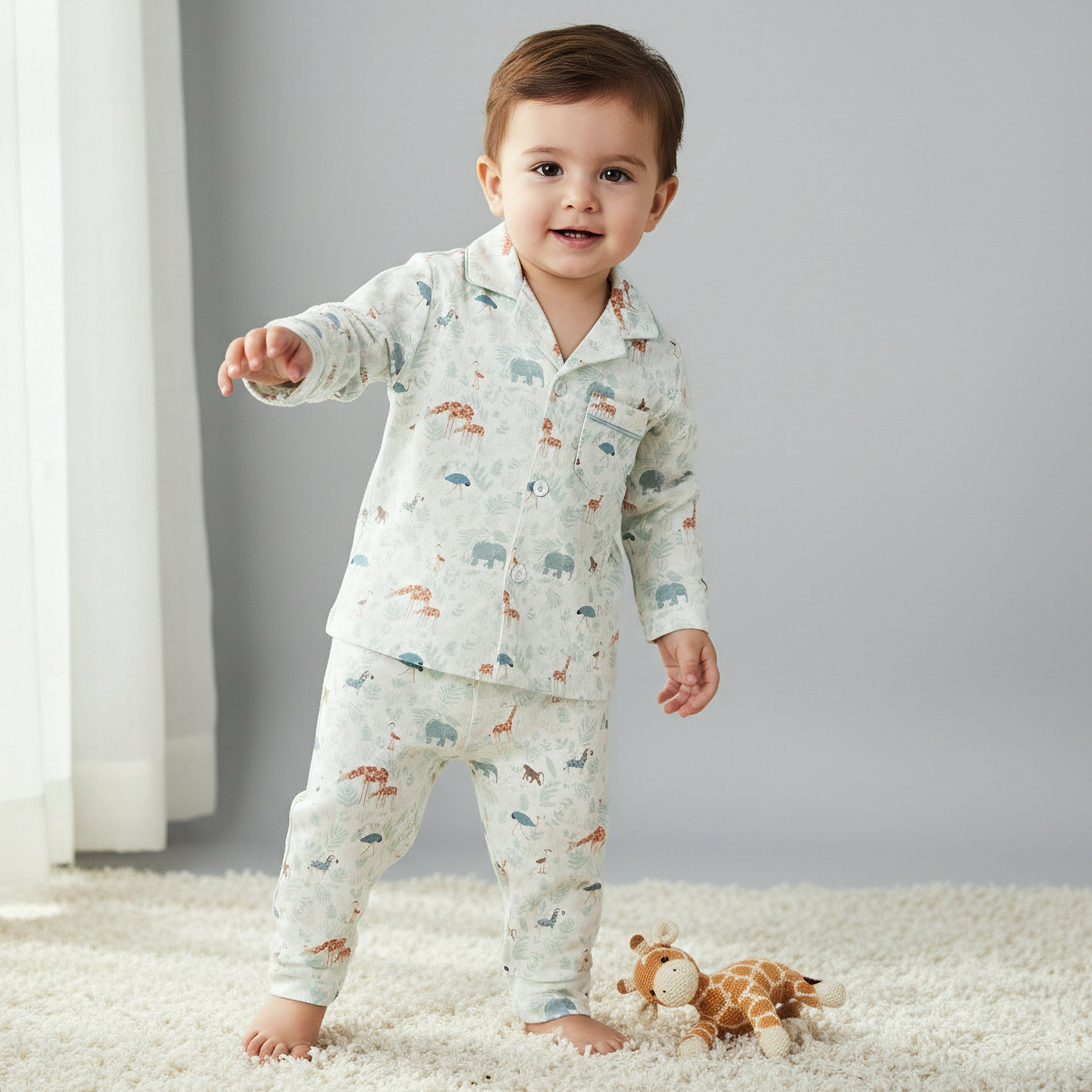 Juniors Cotton Collared Long Sleeve Pyjama Set with Animal Print-baby-boys-clothing-nightwear-pyjamasets-image-1