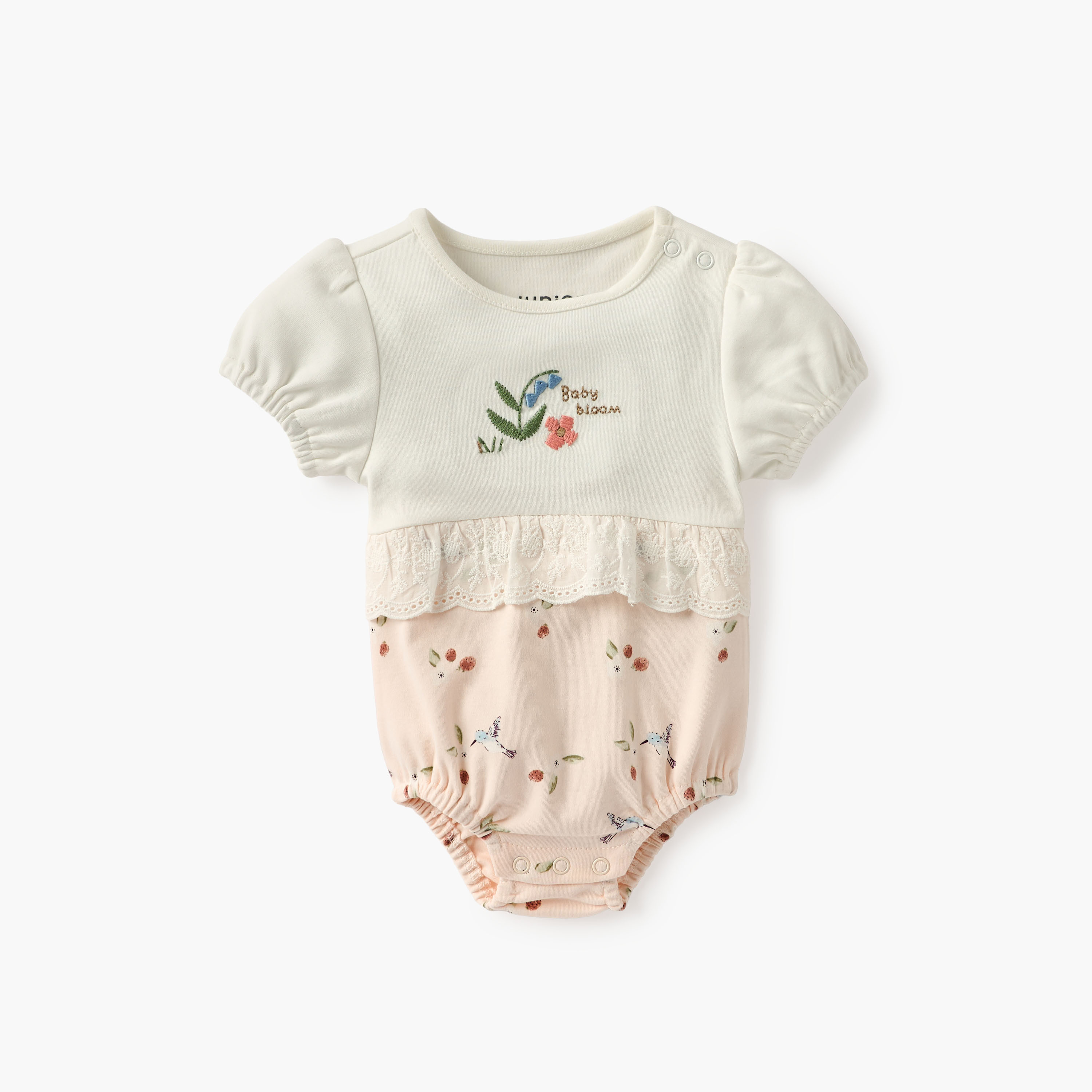 Juniors Embroidered Romper with Puff Sleeves and Lace Detail-baby-girls-clothing-rompers-image-1