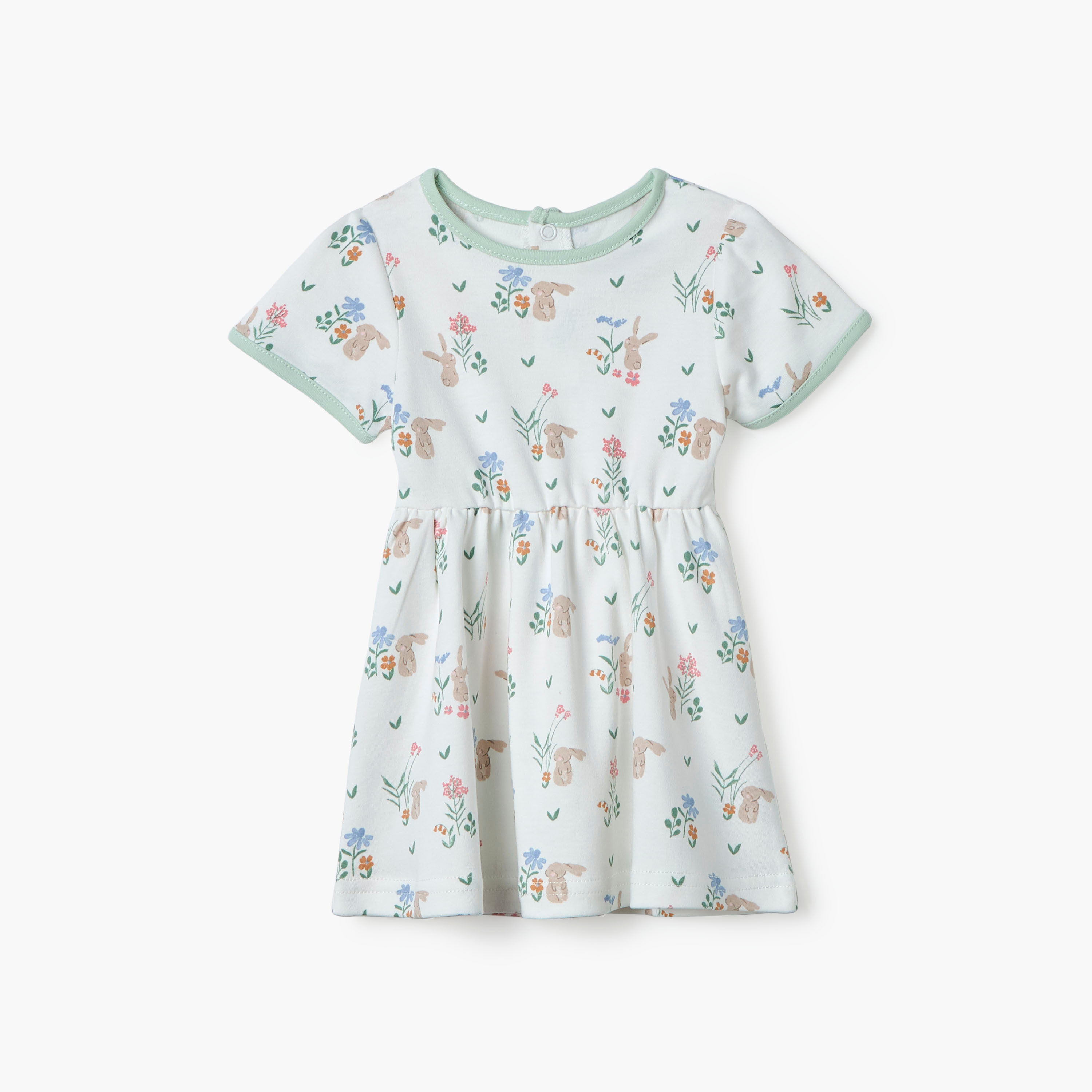 Juniors Bunny Print A-line Dress with Round Neck and Short Sleeves-baby-girls-clothing-dressesandjumpsuits-image-1