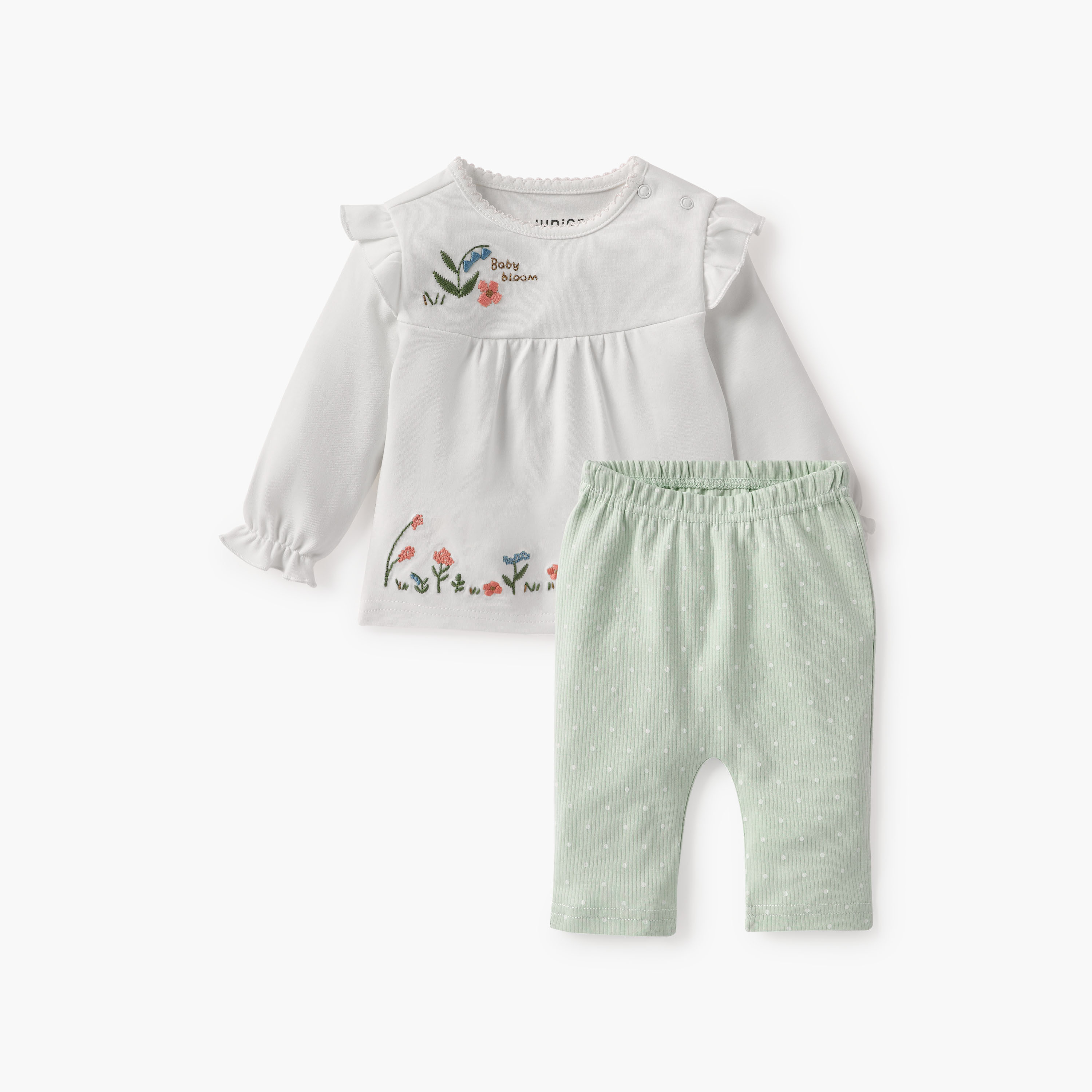 طقم بلوزة مطرزة وبنطلون بيجاما من جونيورز-baby-girls-clothing-nightwear-pyjamasets-image-1