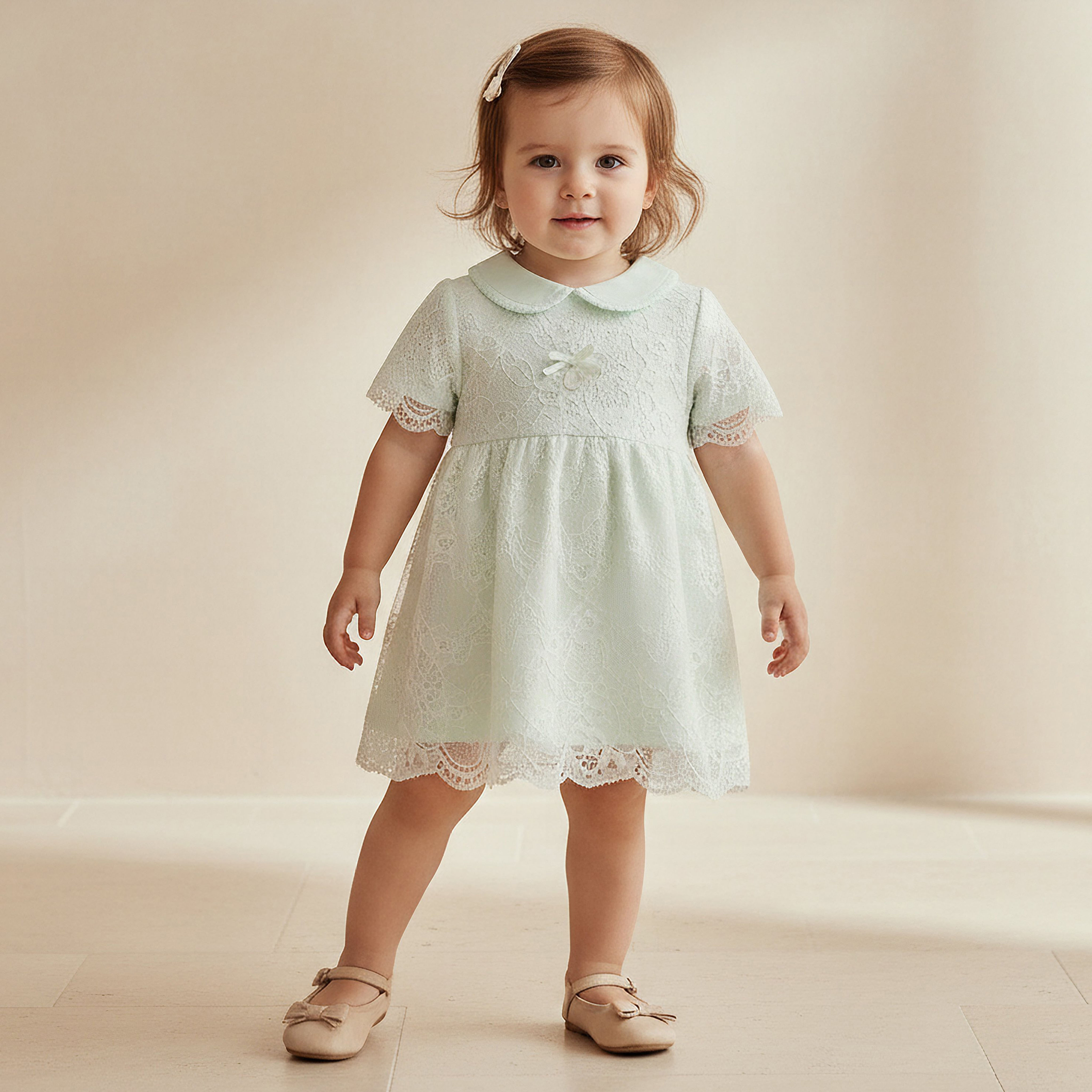 Giggles Peter Pan Collar Short Sleeves A-Line Dress with Lace Detail-baby-girls-clothing-dressesandjumpsuits-image-1