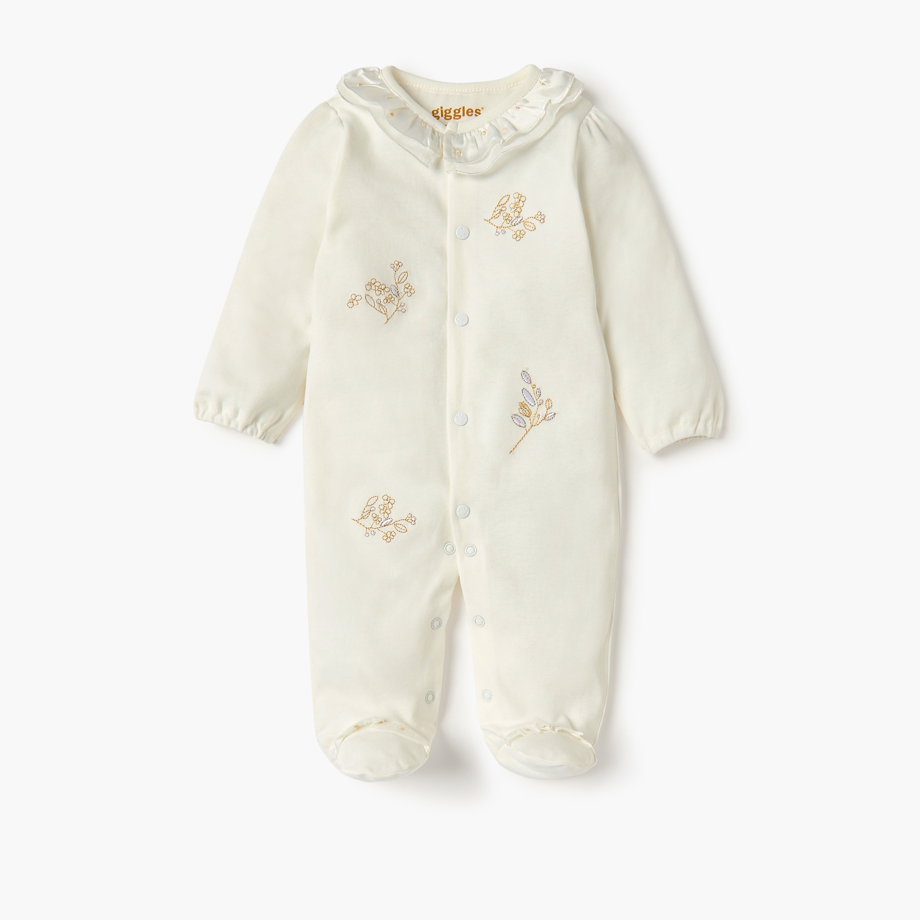 Giggles Embroidered Closed Feet Sleepsuit with Long Sleeves-baby-girls-clothing-nightwear-sleepsuits-image-1