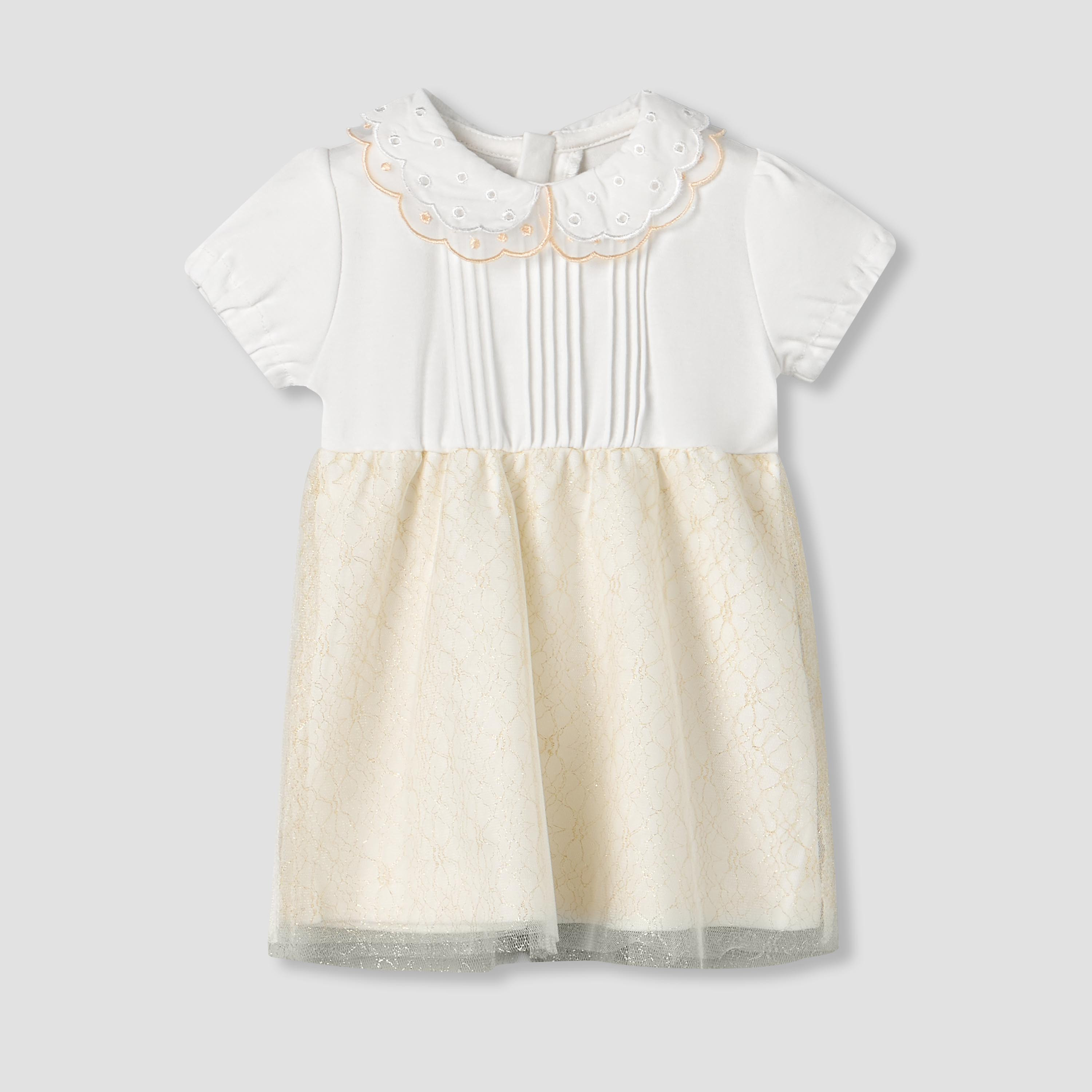 Giggles Peter Pan Collar Short Sleeves Knee Length A-line Dress with Floral Embroidary-baby-girls-clothing-dressesandjumpsuits-image-1