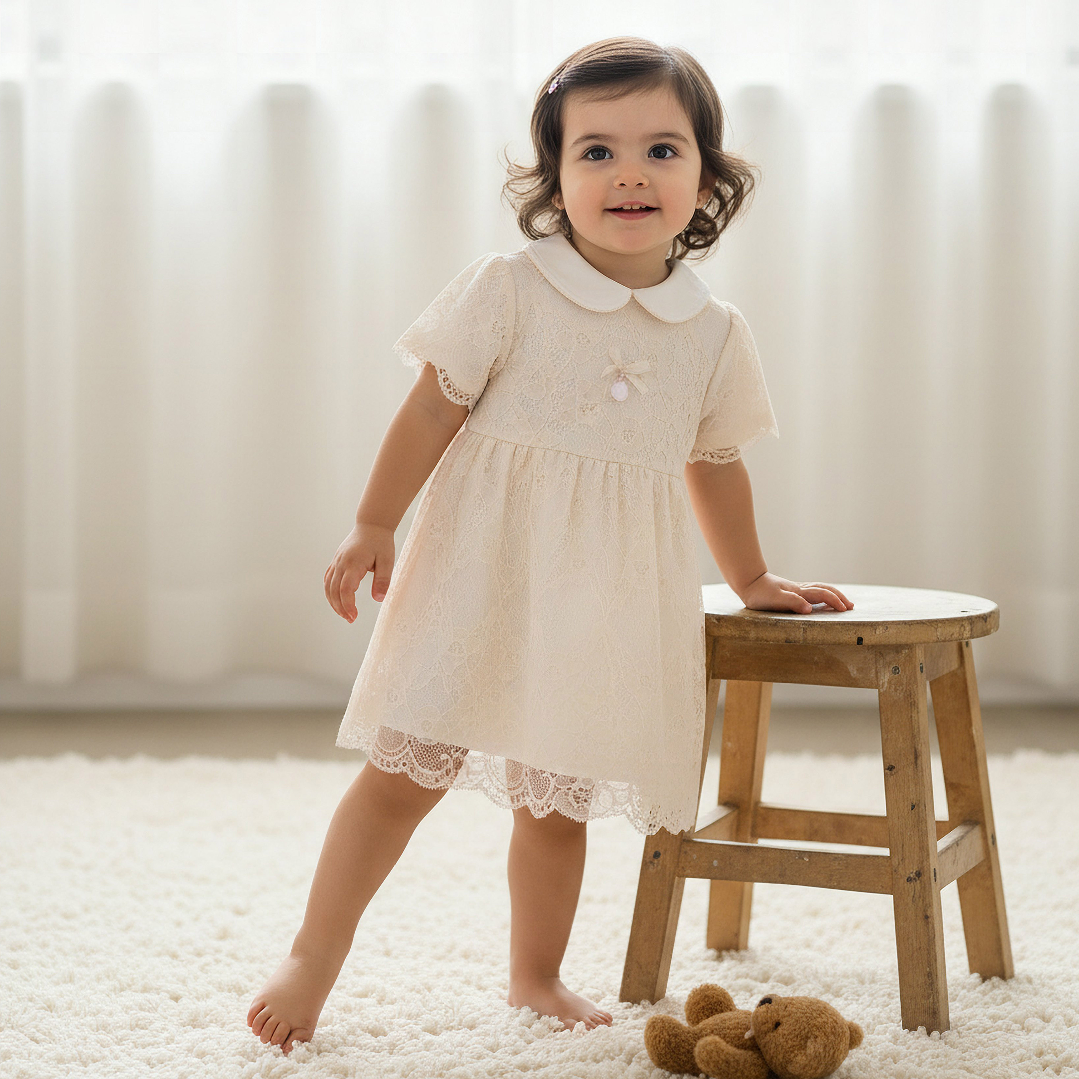 Giggles Peter Pan Collar Short Sleeves A-Line Dress with Lace Detail-baby-girls-clothing-dressesandjumpsuits-image-1