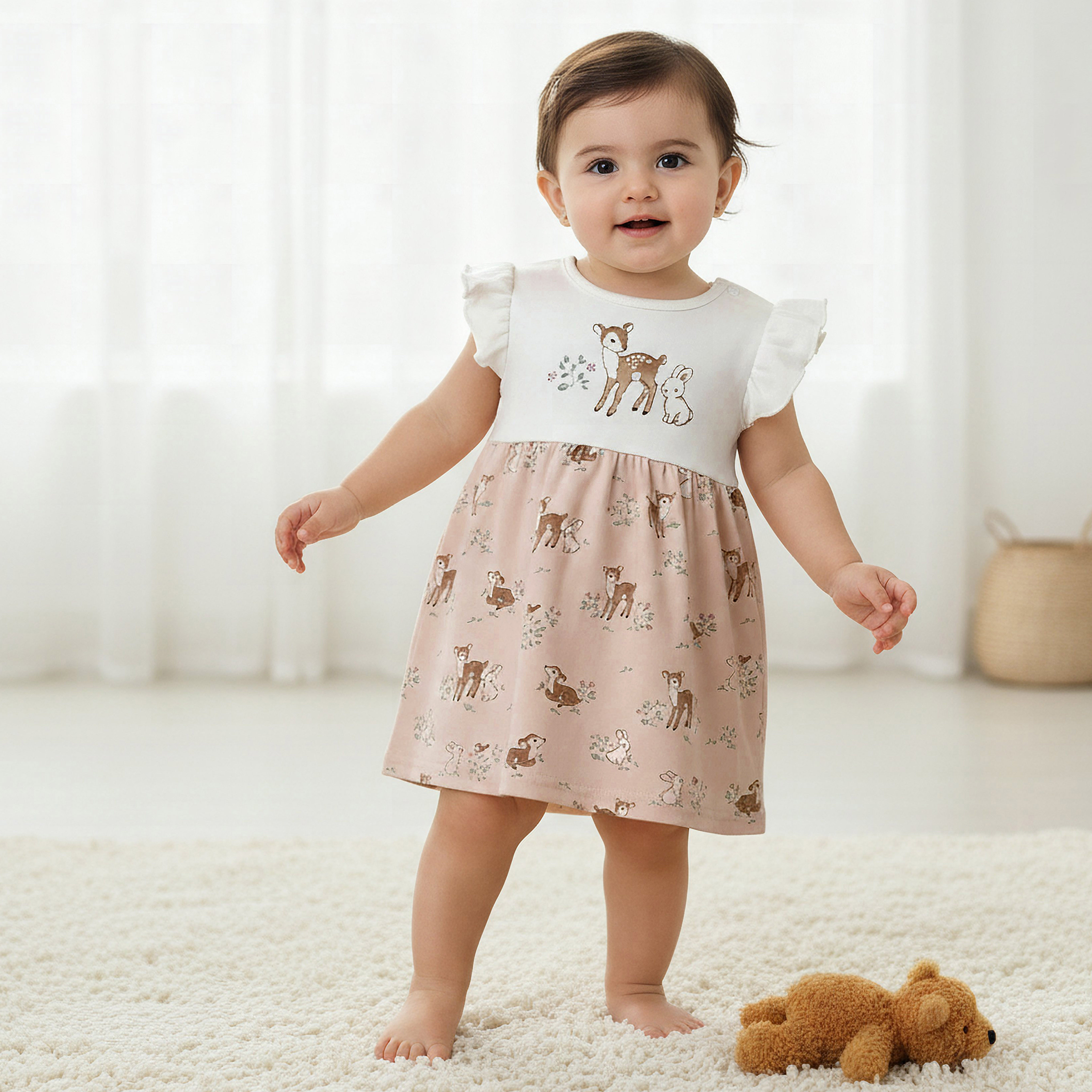 Juniors Round Neck Short Ruffle Sleeves A-line Dress with Print-baby-girls-clothing-dressesandjumpsuits-image-1