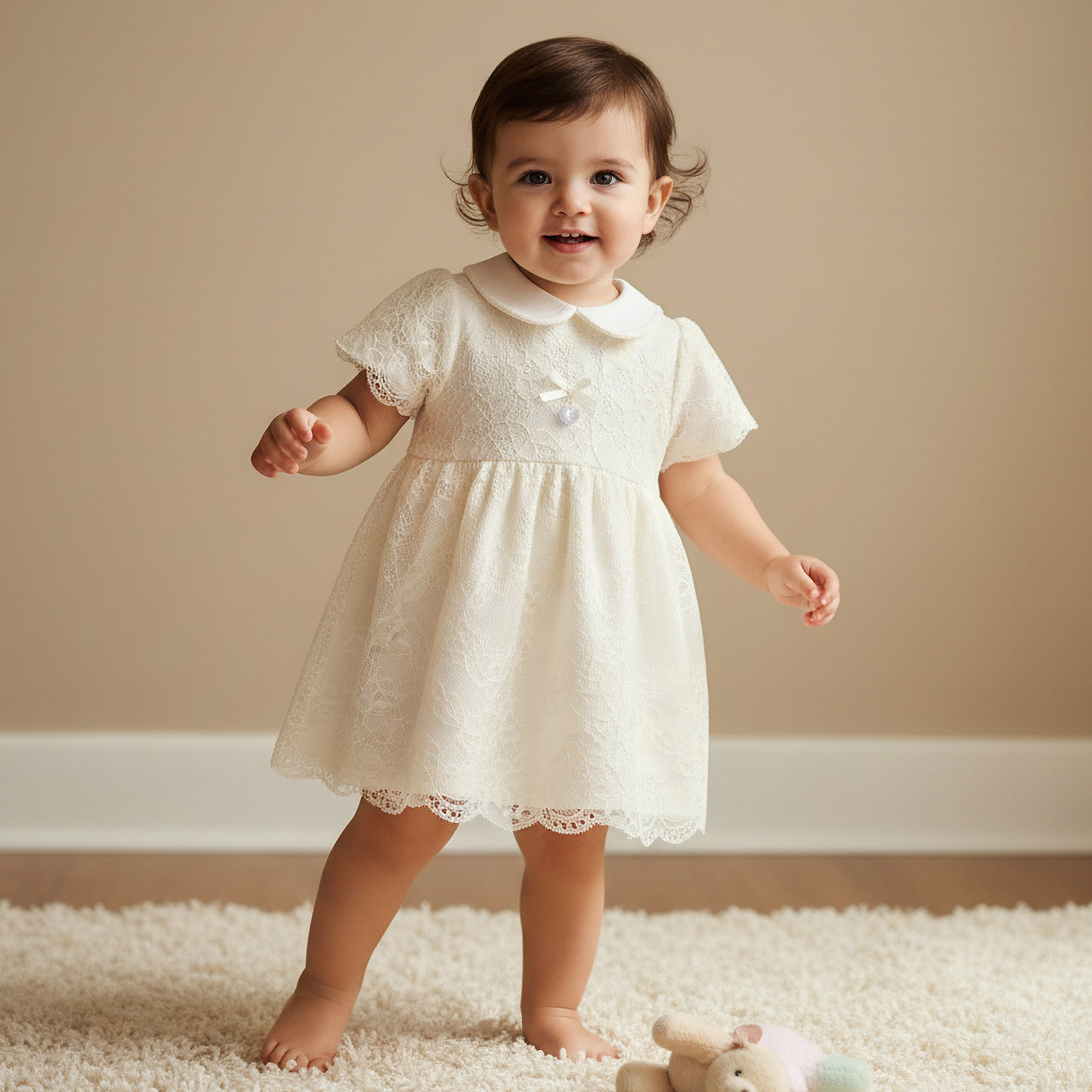 Giggles Peter Pan Collar Short Sleeves A-line Dress with Lace Detail-baby-girls-clothing-dressesandjumpsuits-image-1