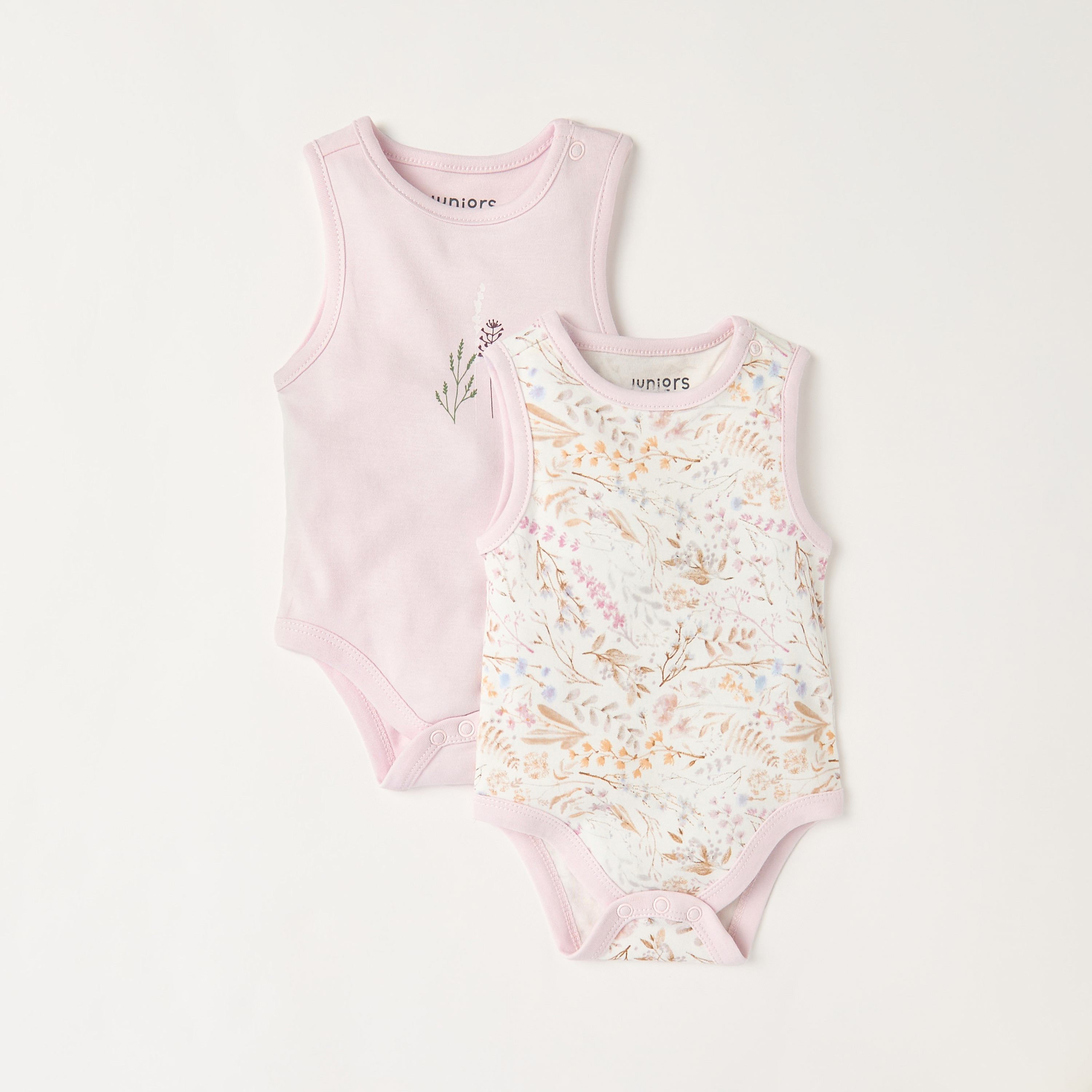 Juniors Floral Print Sleeveless Bodysuit with Button Closure - Set of 2-baby-girls-clothing-bodysuits-image-1