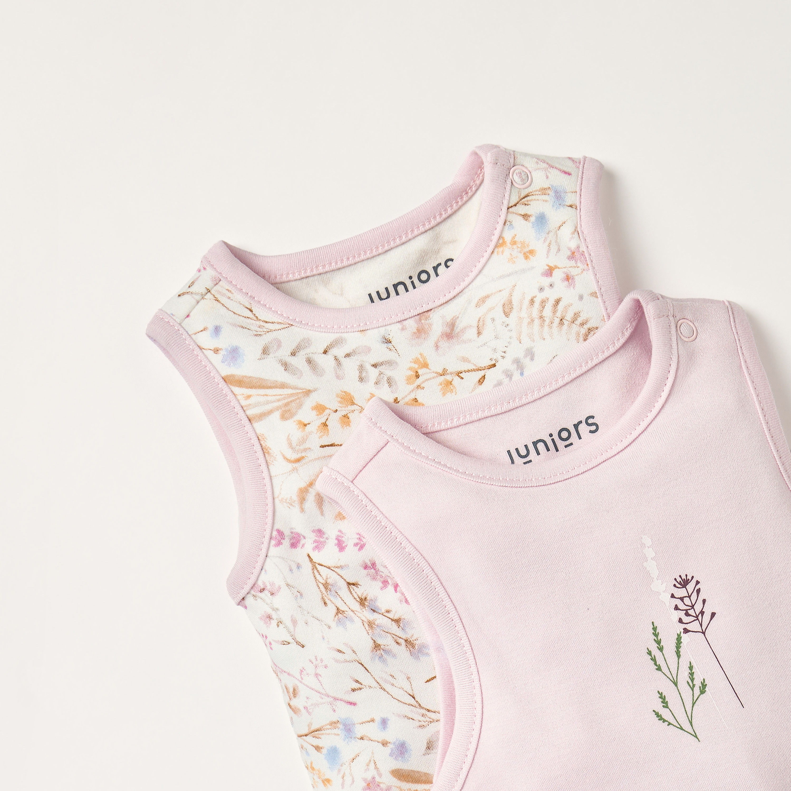 Juniors Floral Print Sleeveless Bodysuit with Button Closure - Set of 2-baby-girls-clothing-bodysuits-image-4