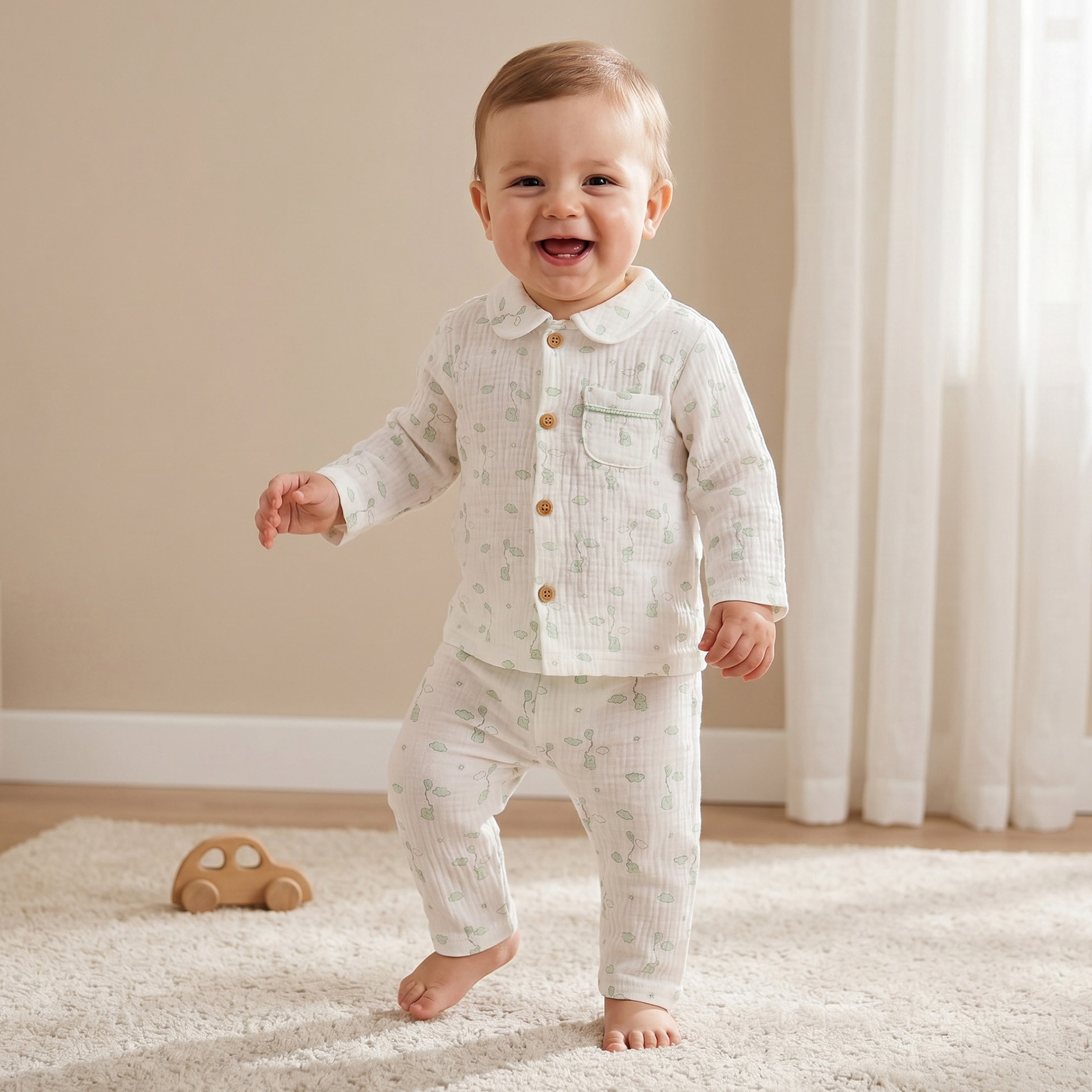 طقم بيجاما قطن بياقة عادية وأكمام طويلة وطبعات فيل من جيجلز-baby-boys-clothing-nightwear-pyjamasets-image-1