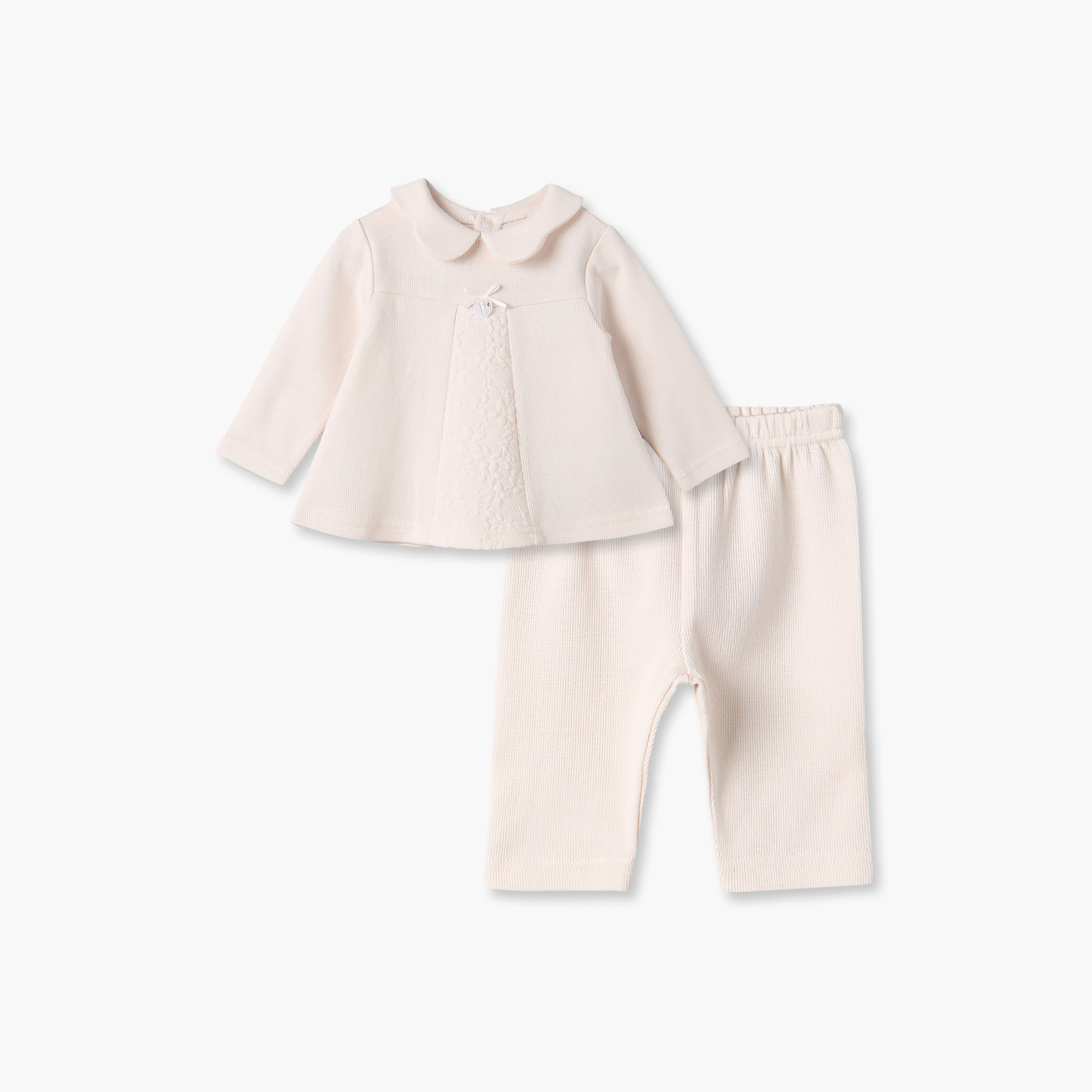 طقم بيجاما بياقة بيتر بان وأكمام طويلة وتفاصيل فيونكة من جيجلز-baby-girls-clothing-winterwear-pyjamasets-image-2