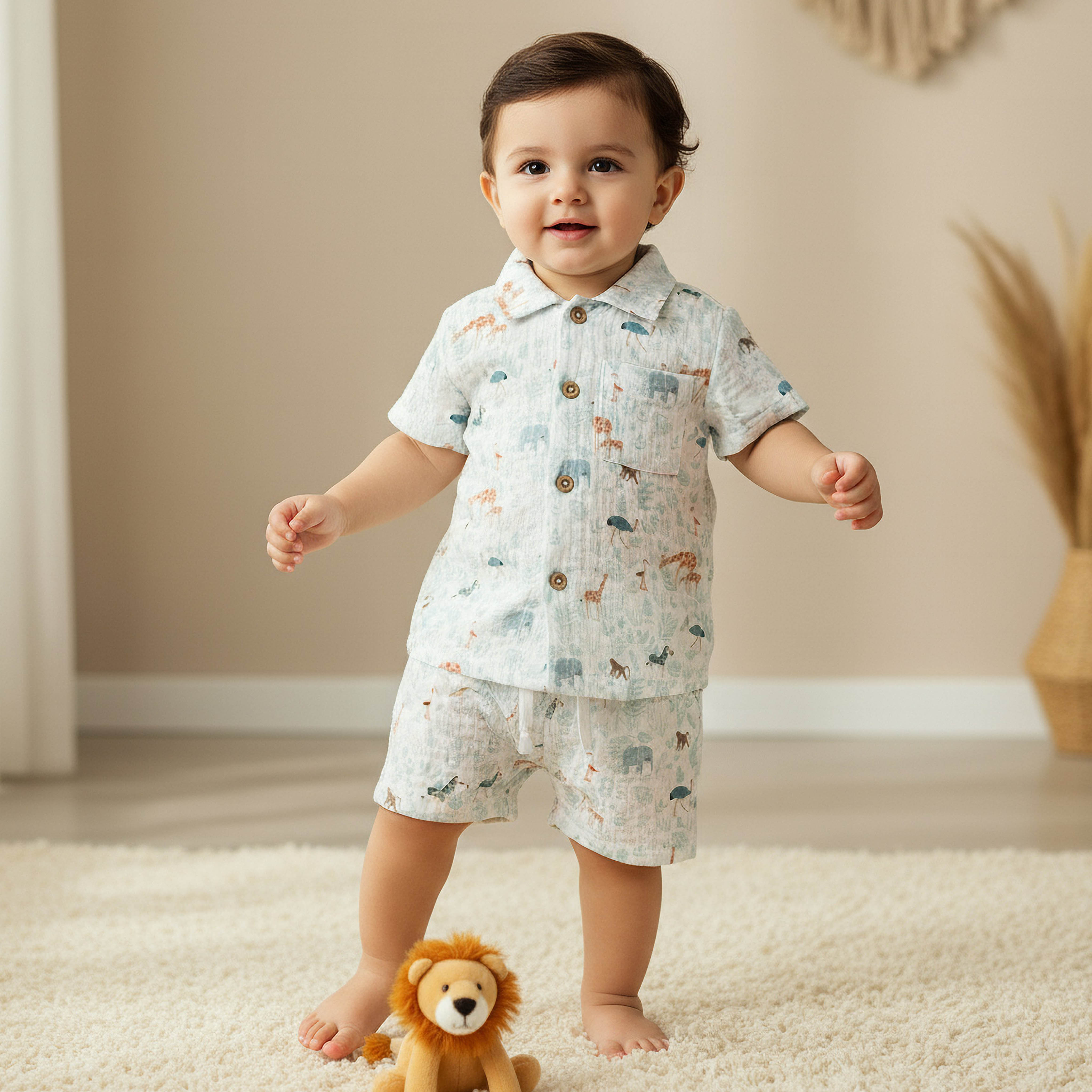 Juniors Cotton Collared Short Sleeve Pyjama Set with Safari Print-baby-boys-clothing-nightwear-pyjamasets-image-1