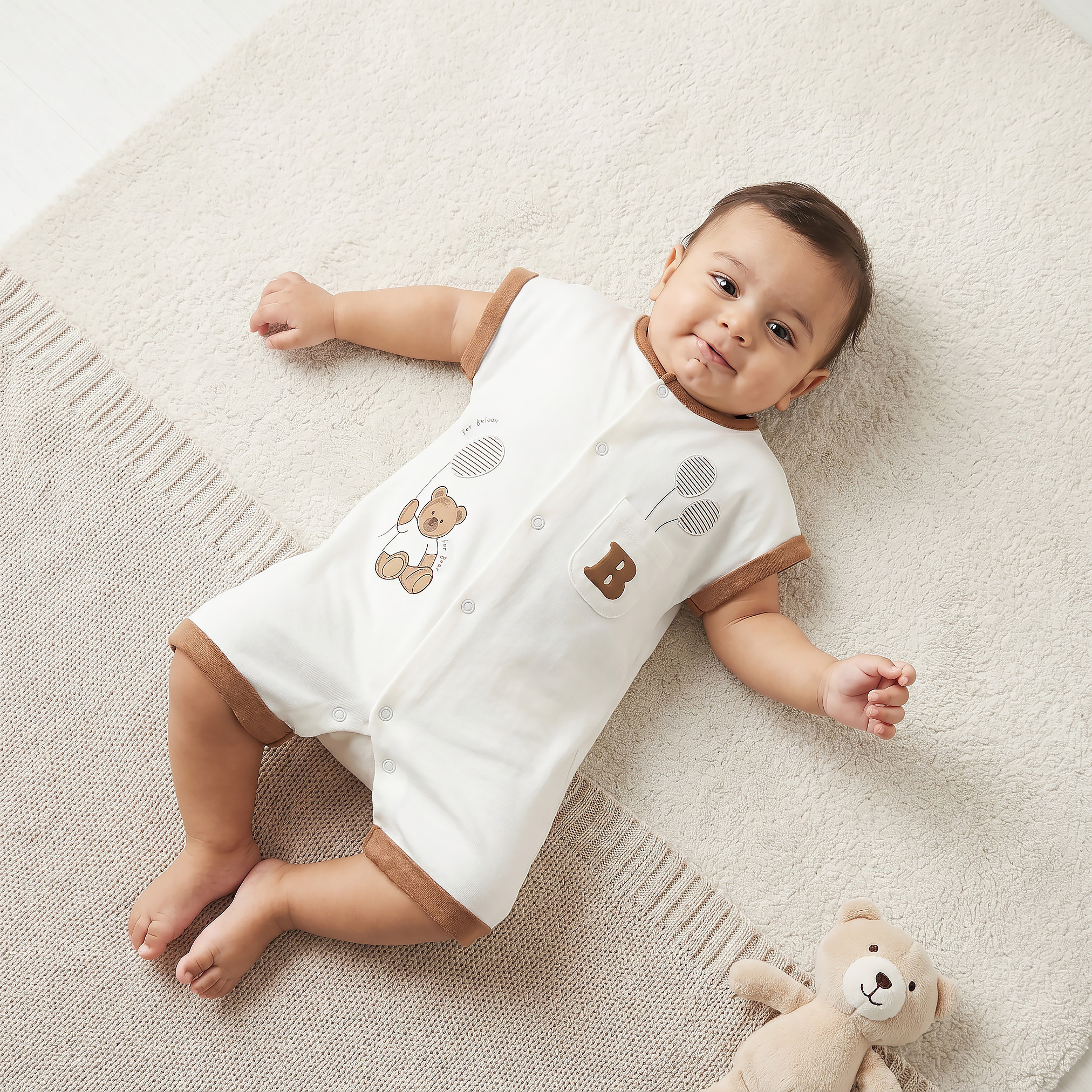 Juniors Crew Neck Short Sleeves Romper with Bear Print-baby-boys-clothing-rompers-image-1