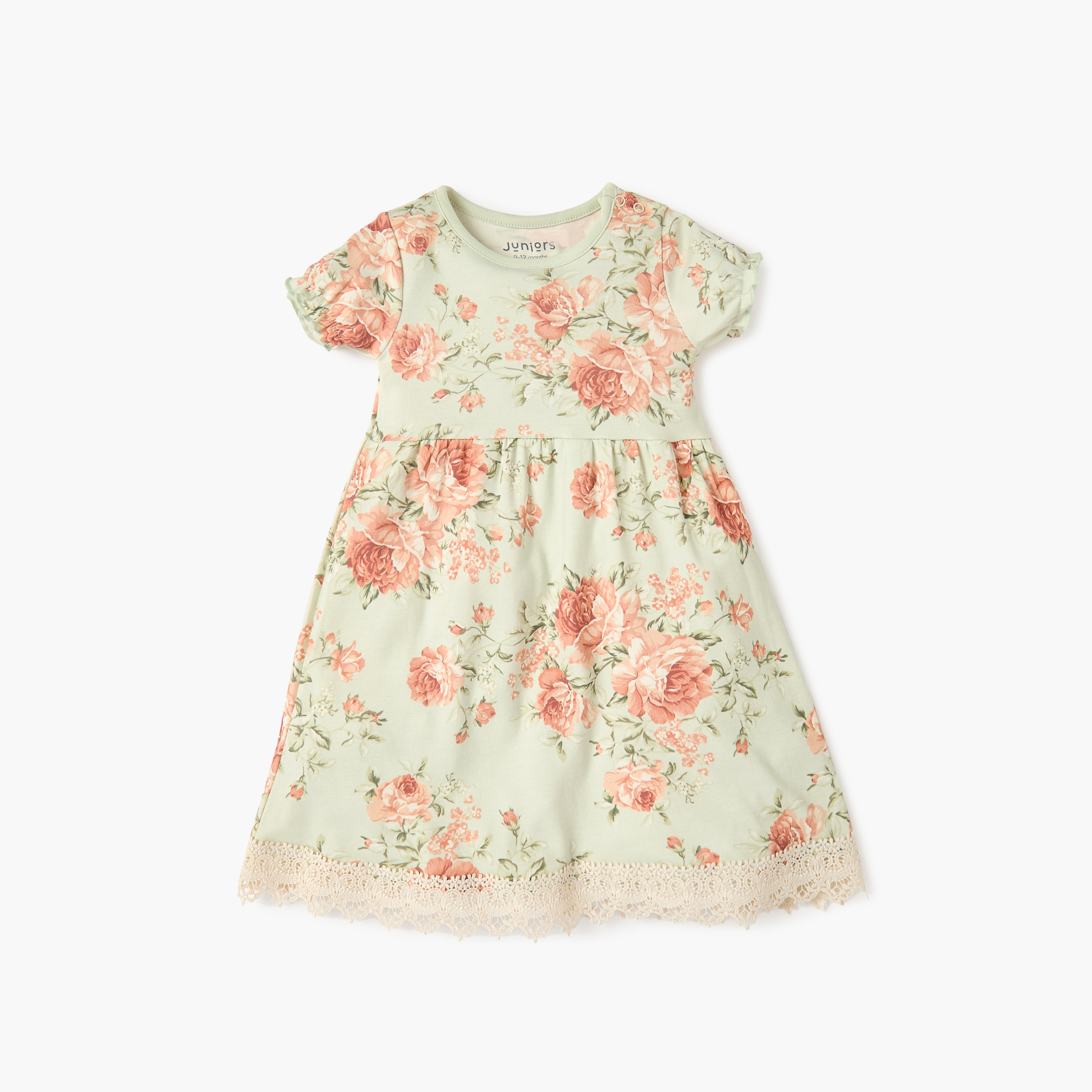 Juniors Floral Print A-line Dress with Short Sleeves and Lace Detail-baby-girls-clothing-dressesandjumpsuits-image-1