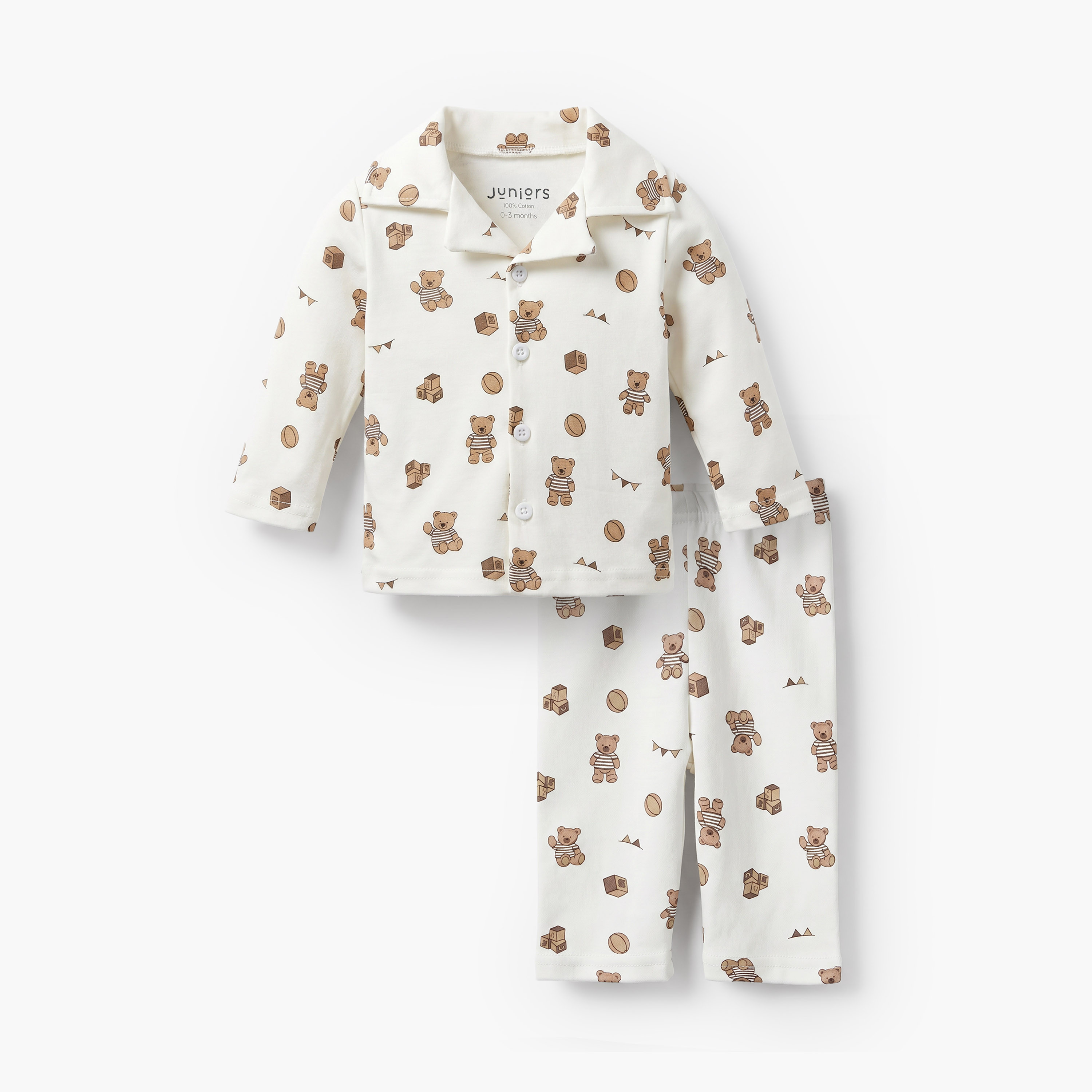 Juniors Cotton Collared Long Sleeves Pyjama Set with Teddy Bear Print-baby-boys-clothing-nightwear-pyjamasets-image-1