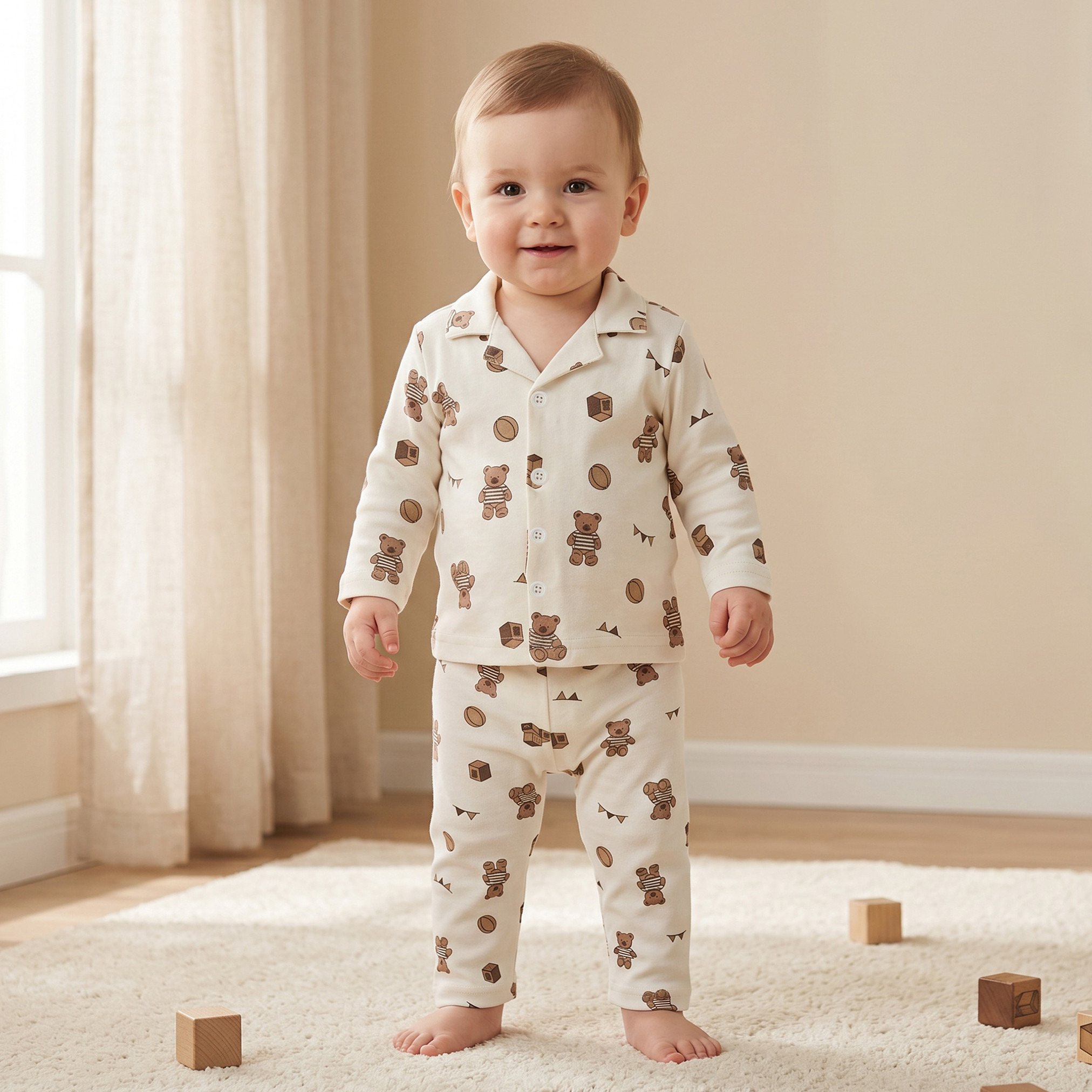 Juniors Cotton Collared Long Sleeves Pyjama Set with Teddy Bear Print-baby-boys-clothing-nightwear-pyjamasets-image-1