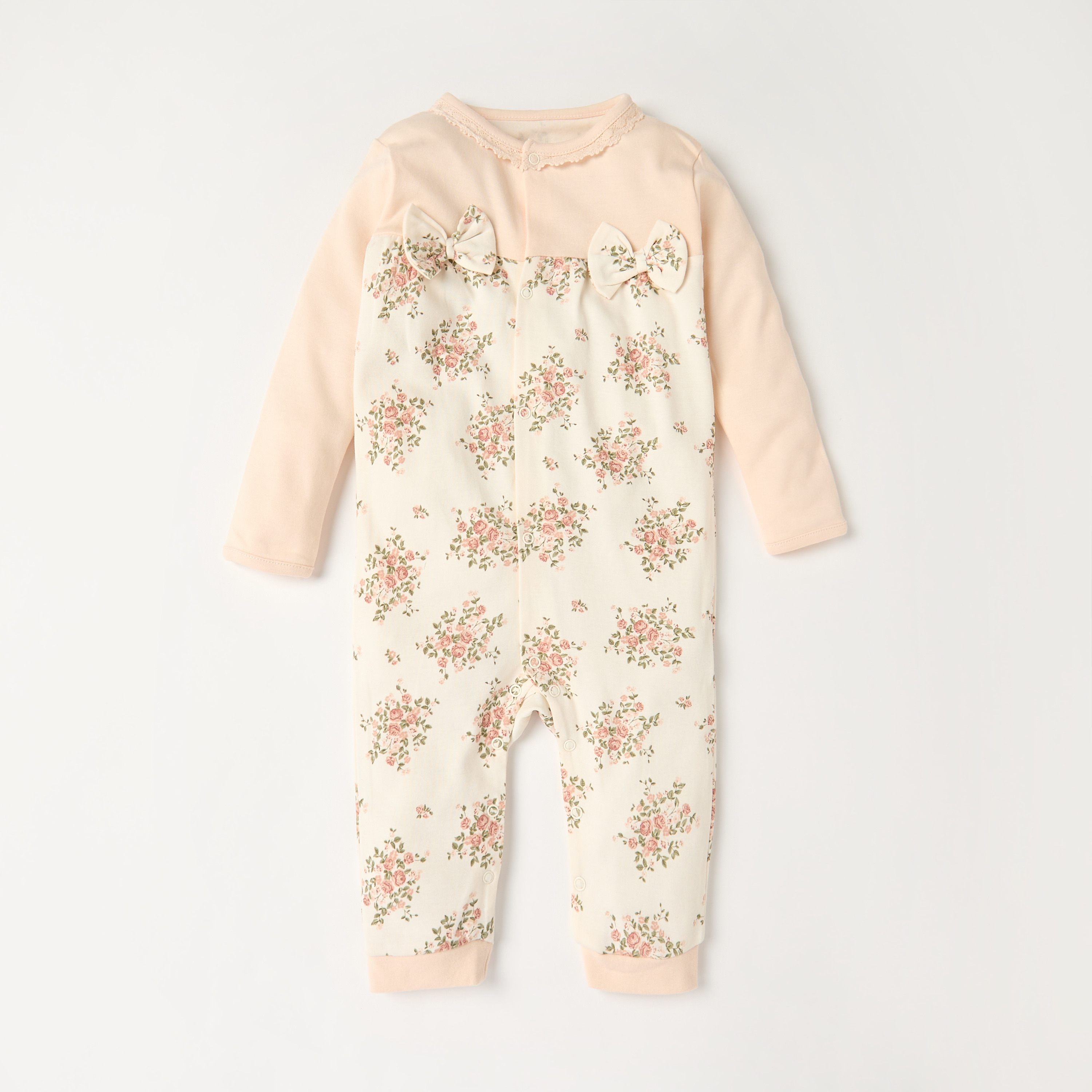Juniors Floral Print Sleepsuit with Long Sleeves and Bow Applique-baby-girls-clothing-nightwear-sleepsuits-image-1