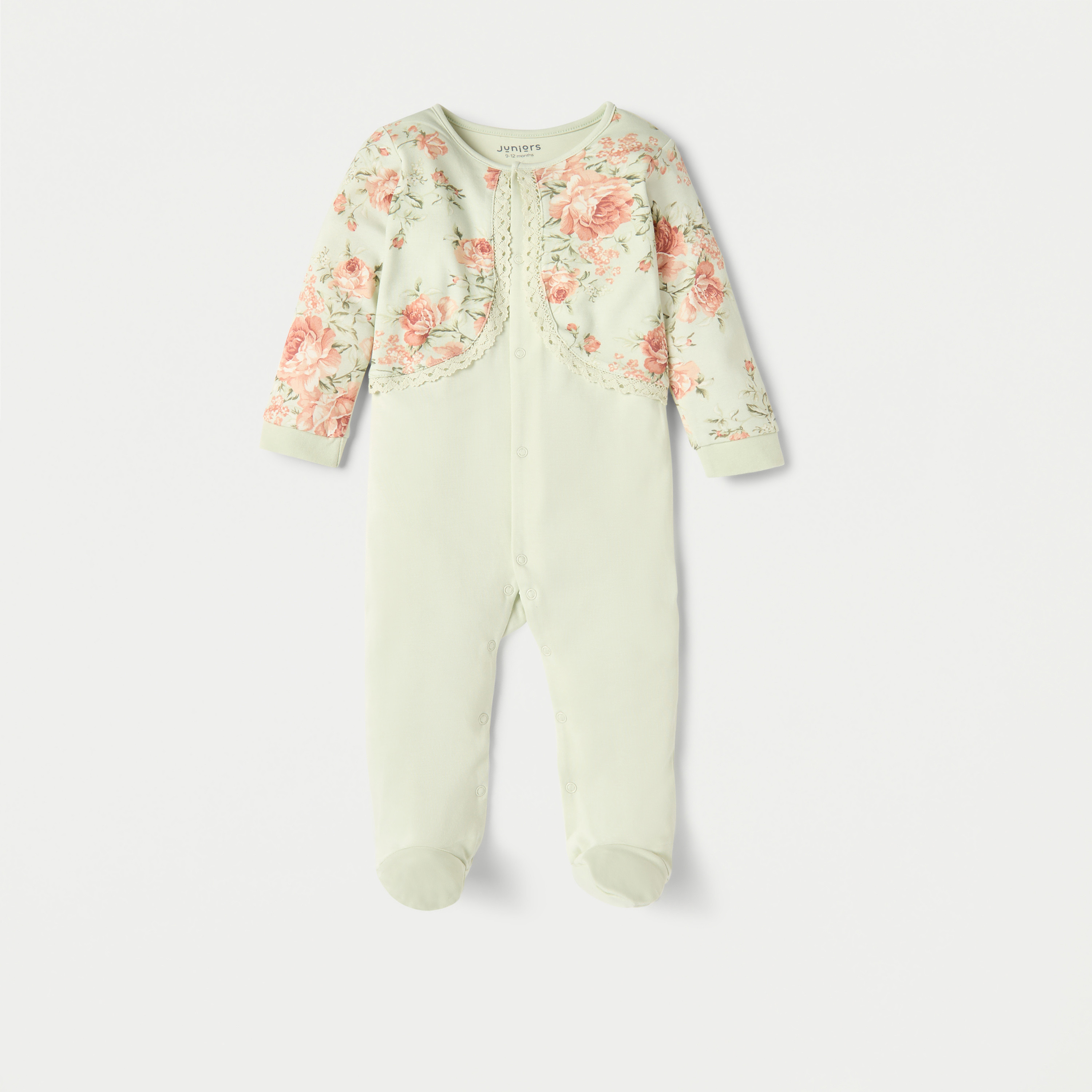 Juniors Floral Print Closed Feet Sleepsuit with Long Sleeves and Shrug-baby-girls-clothing-nightwear-sleepsuits-image-1