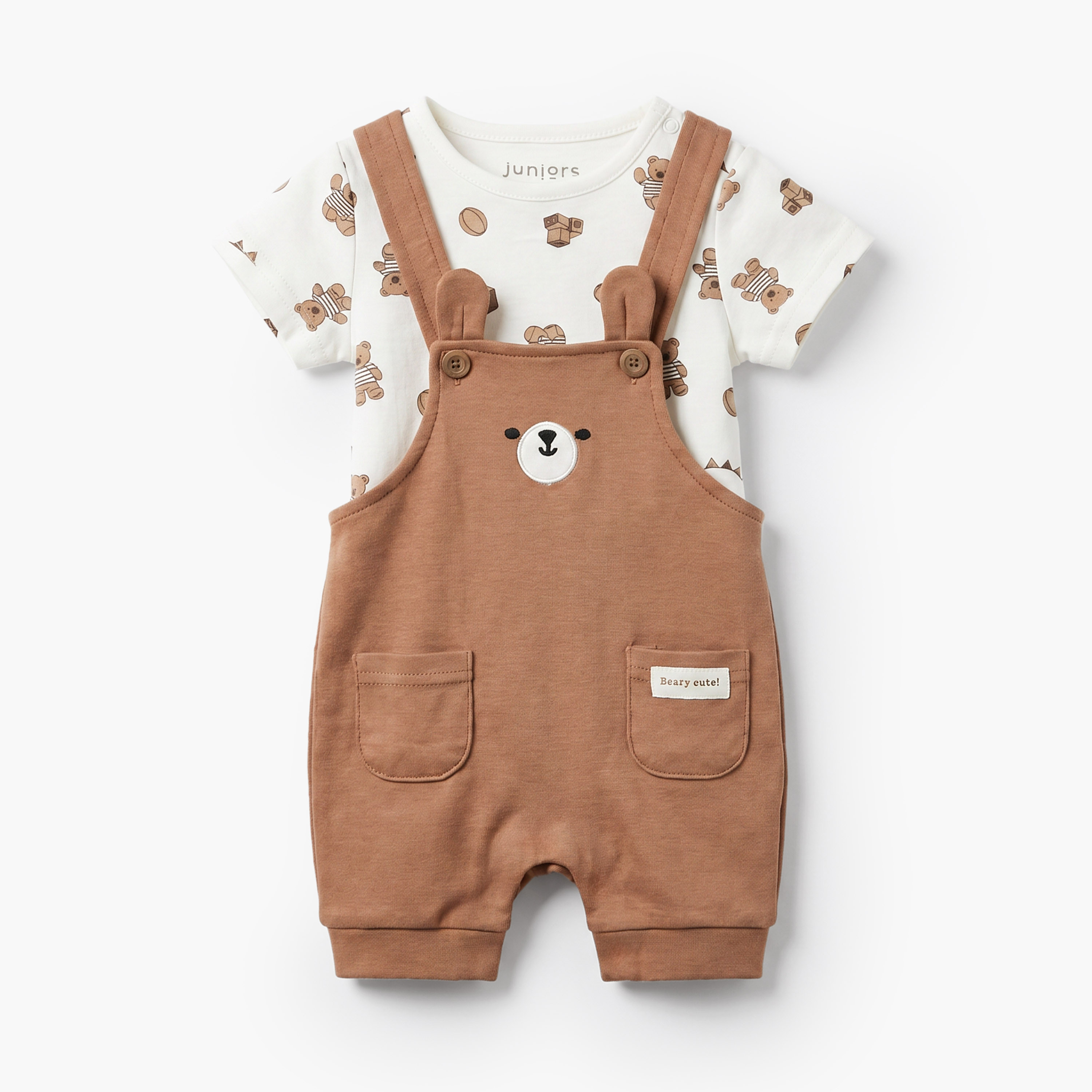 Juniors Crew Neck Short Sleeves T-shirt and Dungaree Set with Bear Print-baby-boys-clothing-setsandcoords-image-2