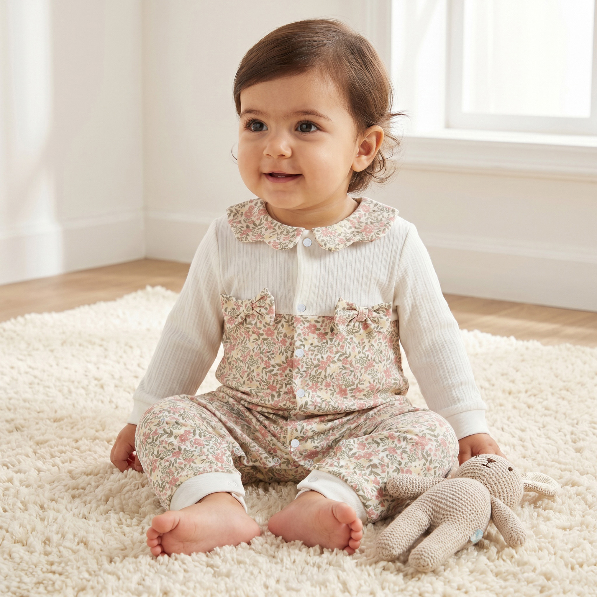 Juniors Cotton Collared Long Sleeves Sleepsuit with Floral Print-baby-girls-clothing-nightwear-sleepsuits-image-1