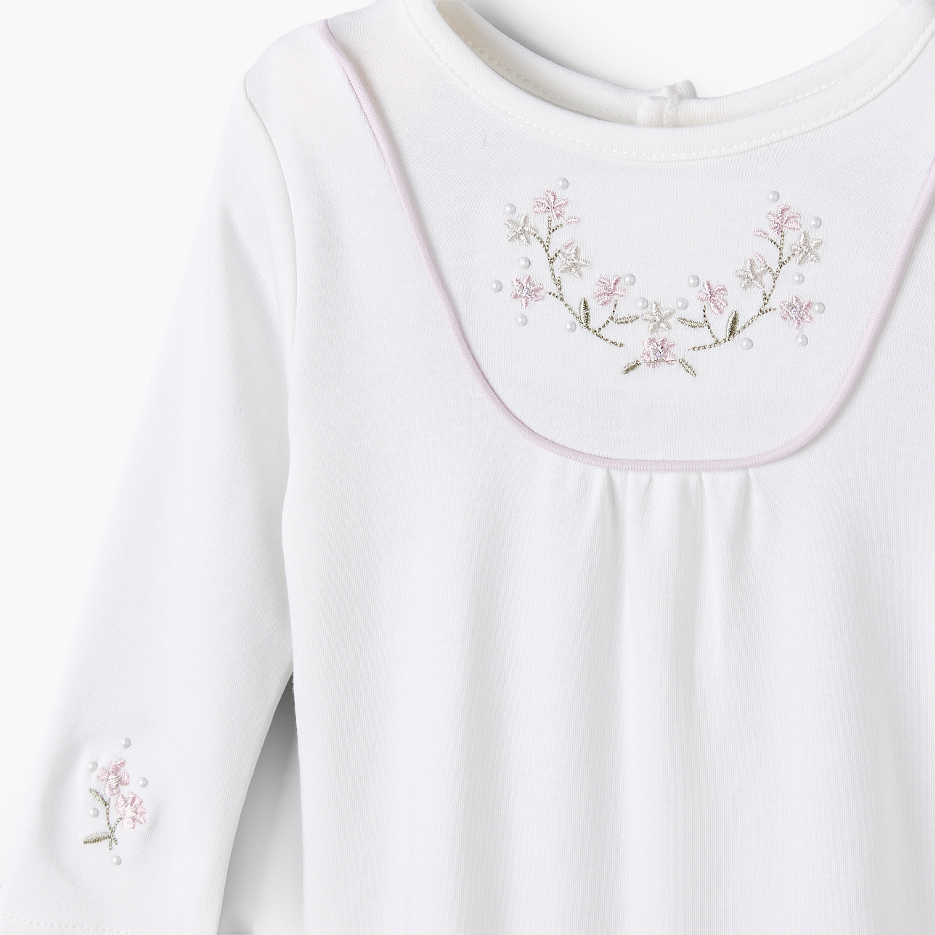 Giggles Round Neck Long Sleeves Sleepsuit with Floral Embroidery-baby-girls-clothing-nightwear-sleepsuits-image-3