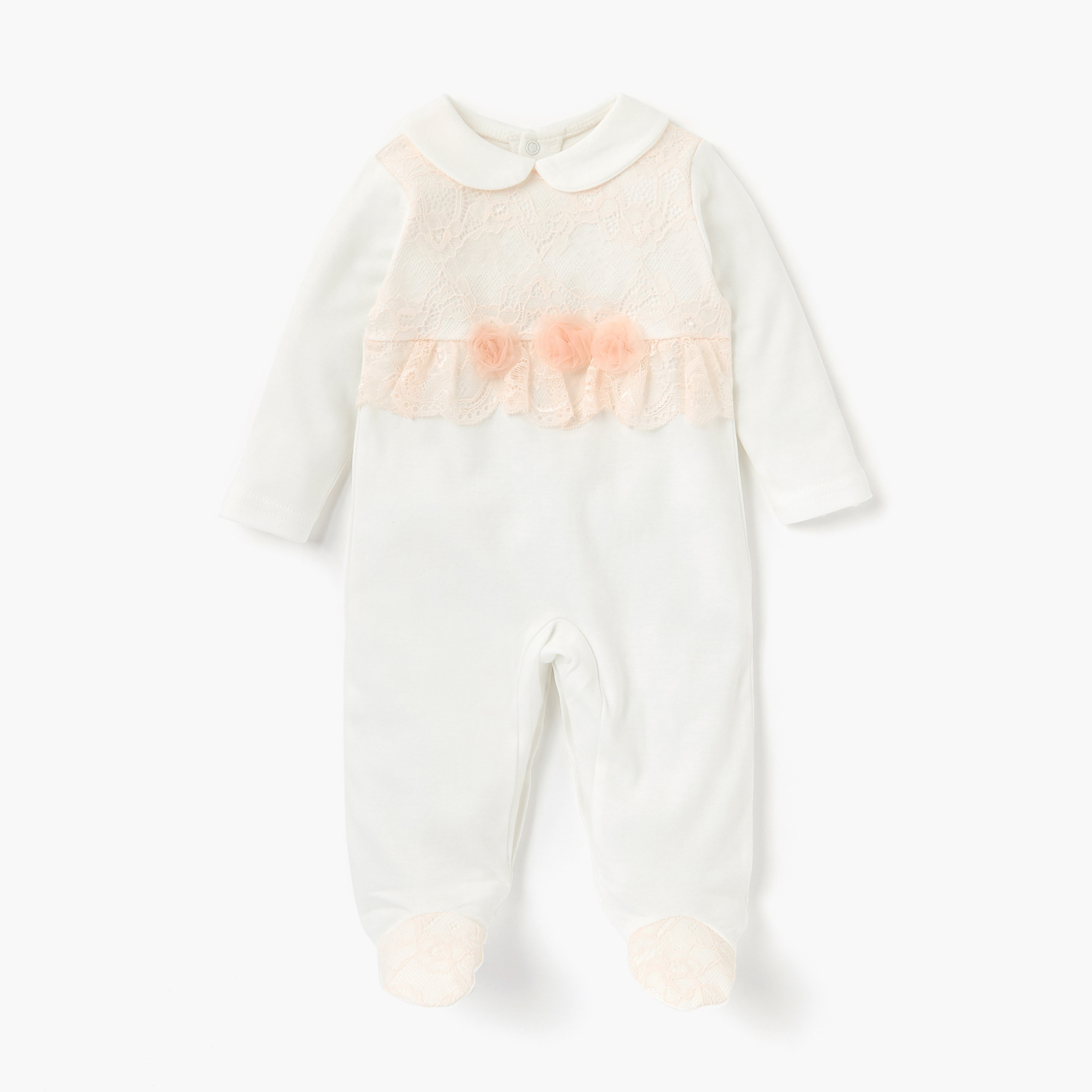 Giggles Lace Detail Closed Feet Sleepsuit with Collar and Long Sleeves-baby-girls-clothing-nightwear-sleepsuits-image-1