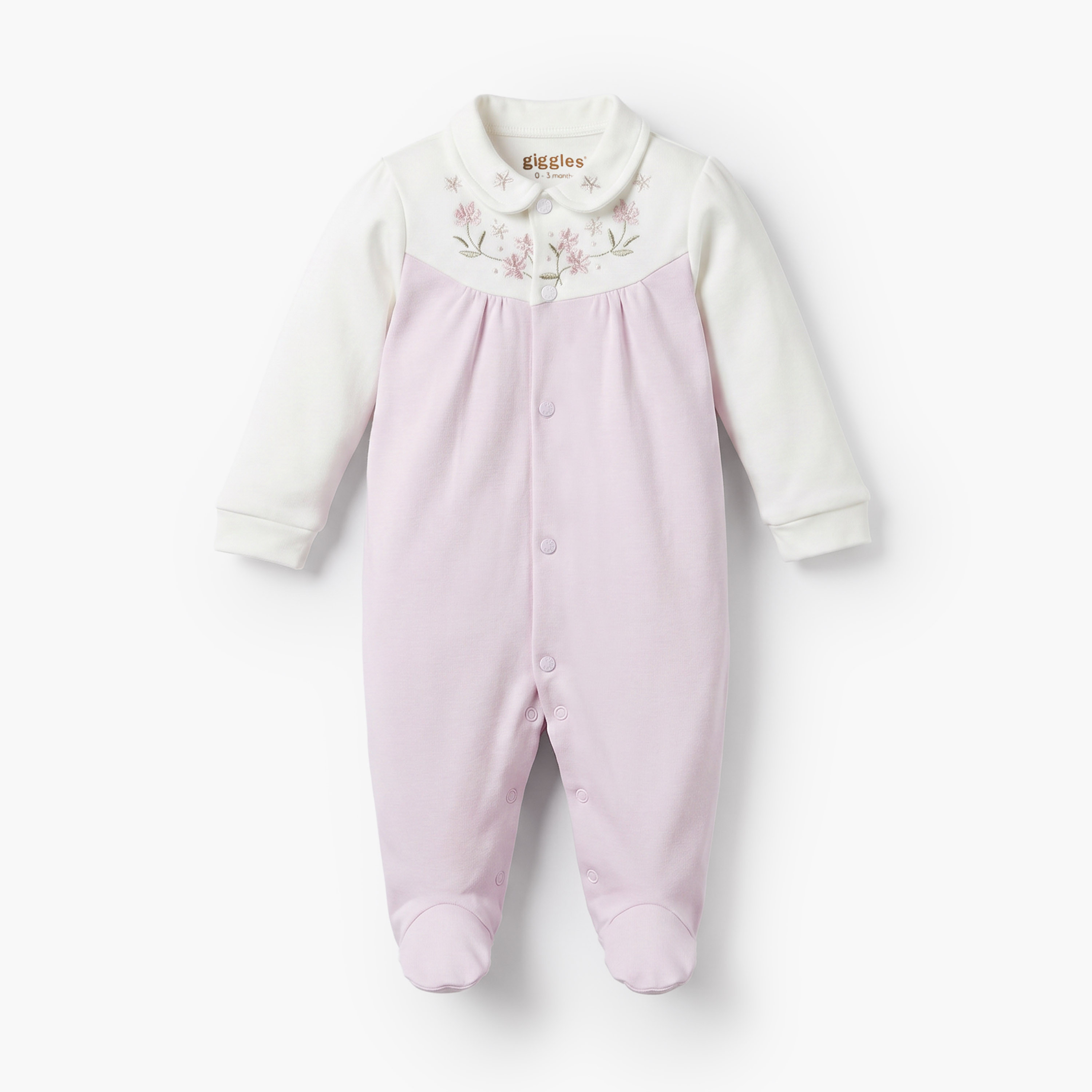 Giggles Collared Long Sleeves Sleepsuit with Floral Embroidery-baby-girls-clothing-nightwear-sleepsuits-image-2