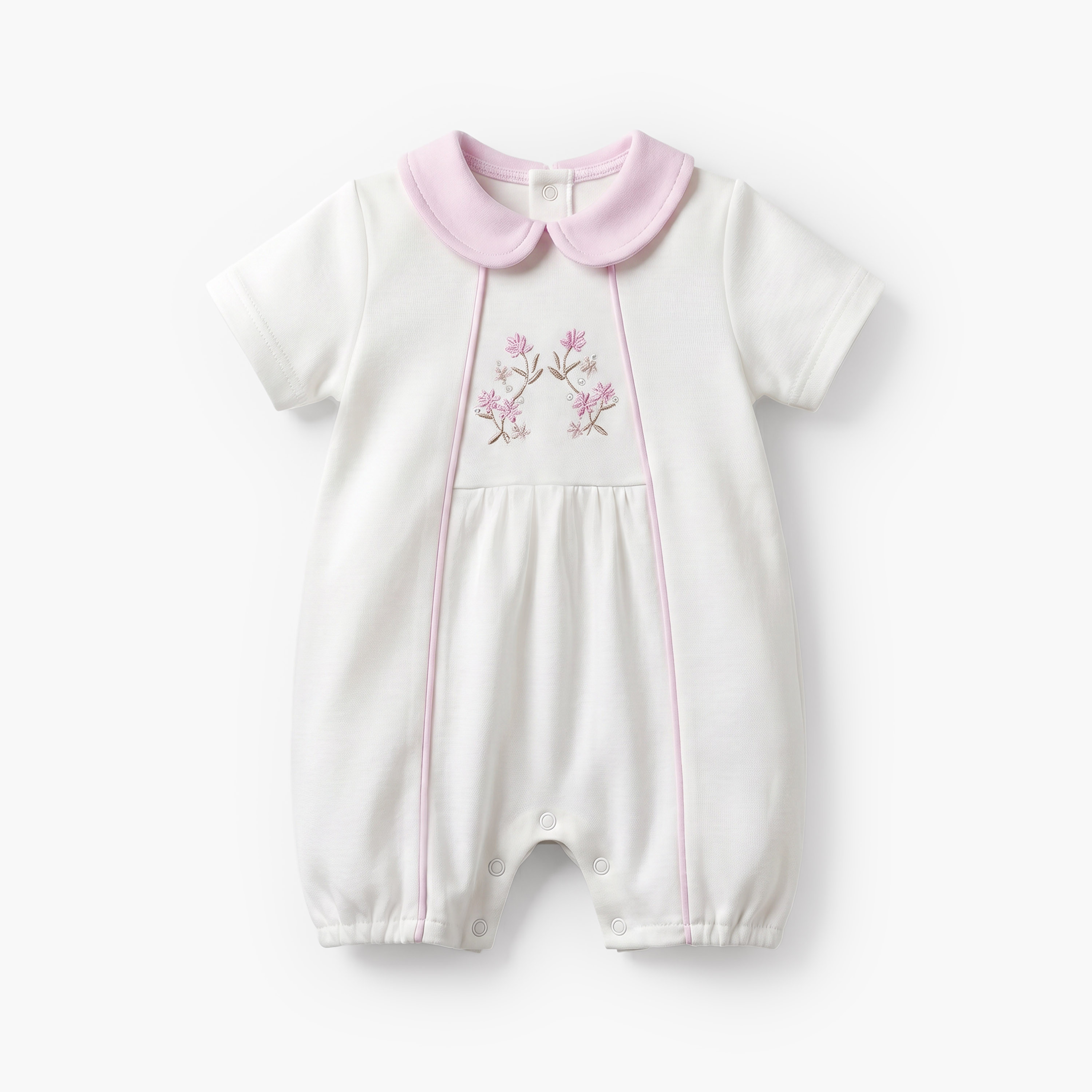Giggles Peter Pan Collar Short Sleeves Romper with Floral Embroidery-baby-girls-clothing-rompers-image-1