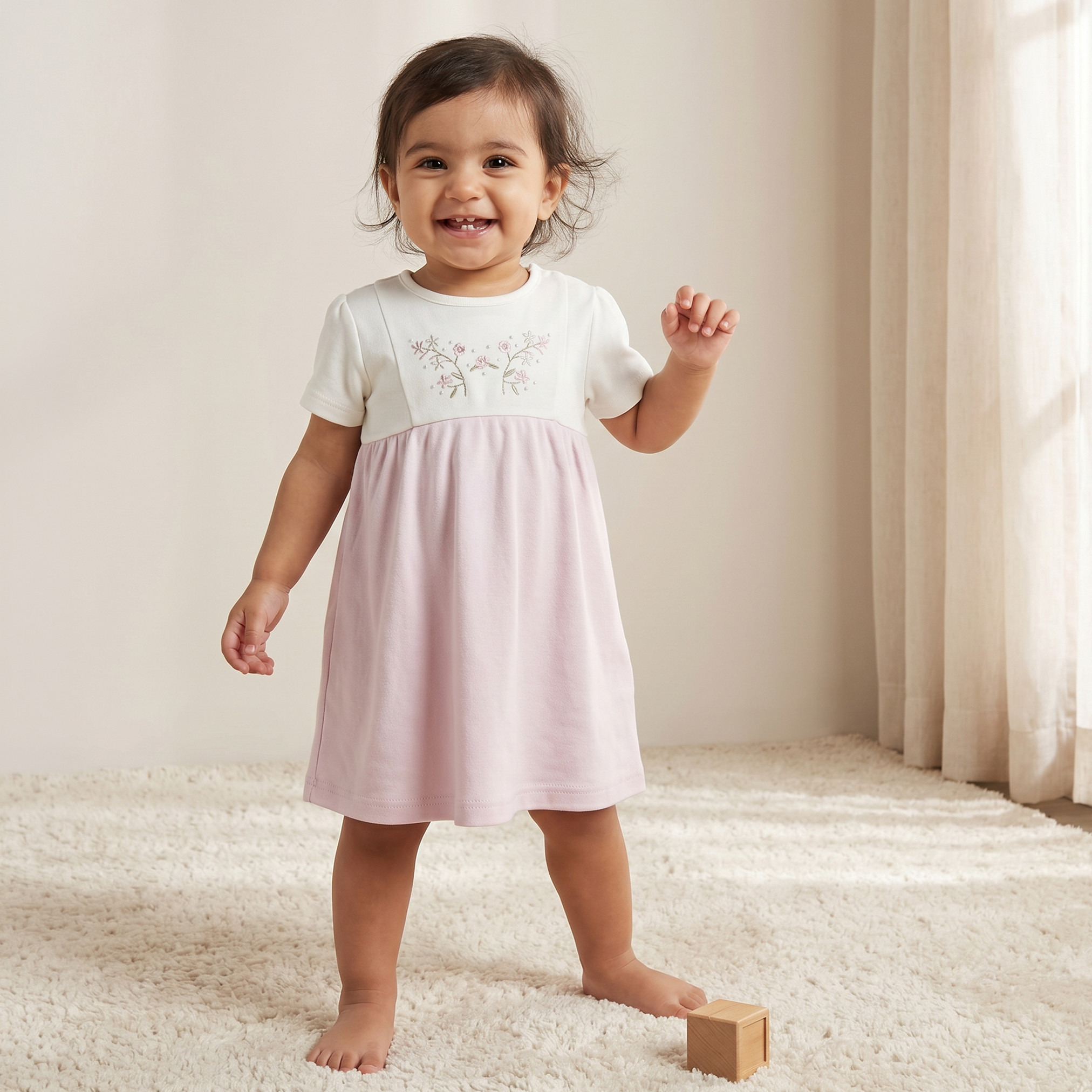 Giggles Round Neck Short Sleeves Knee Length A-line Dress with Floral Embroidery-baby-girls-clothing-dressesandjumpsuits-image-1