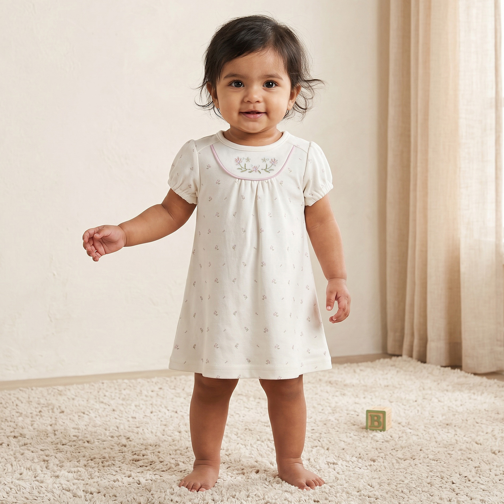Giggles Round Neck Short Sleeves Knee Length A-line Dress with Floral Print-baby-girls-clothing-dressesandjumpsuits-image-1