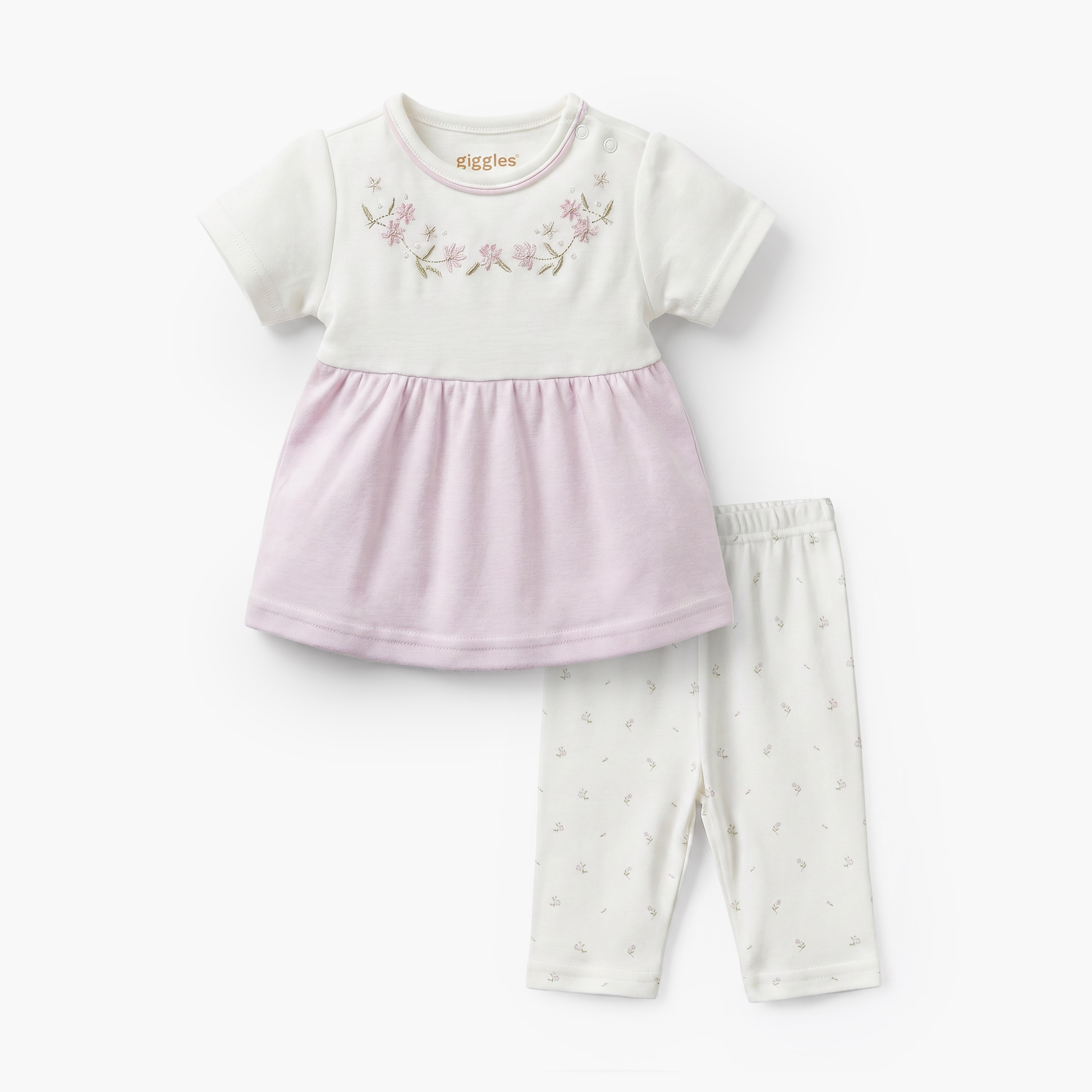 Giggles Round Neck Short Sleeves Pyjama Set with Floral Print-baby-girls-clothing-nightwear-pyjamasets-image-2