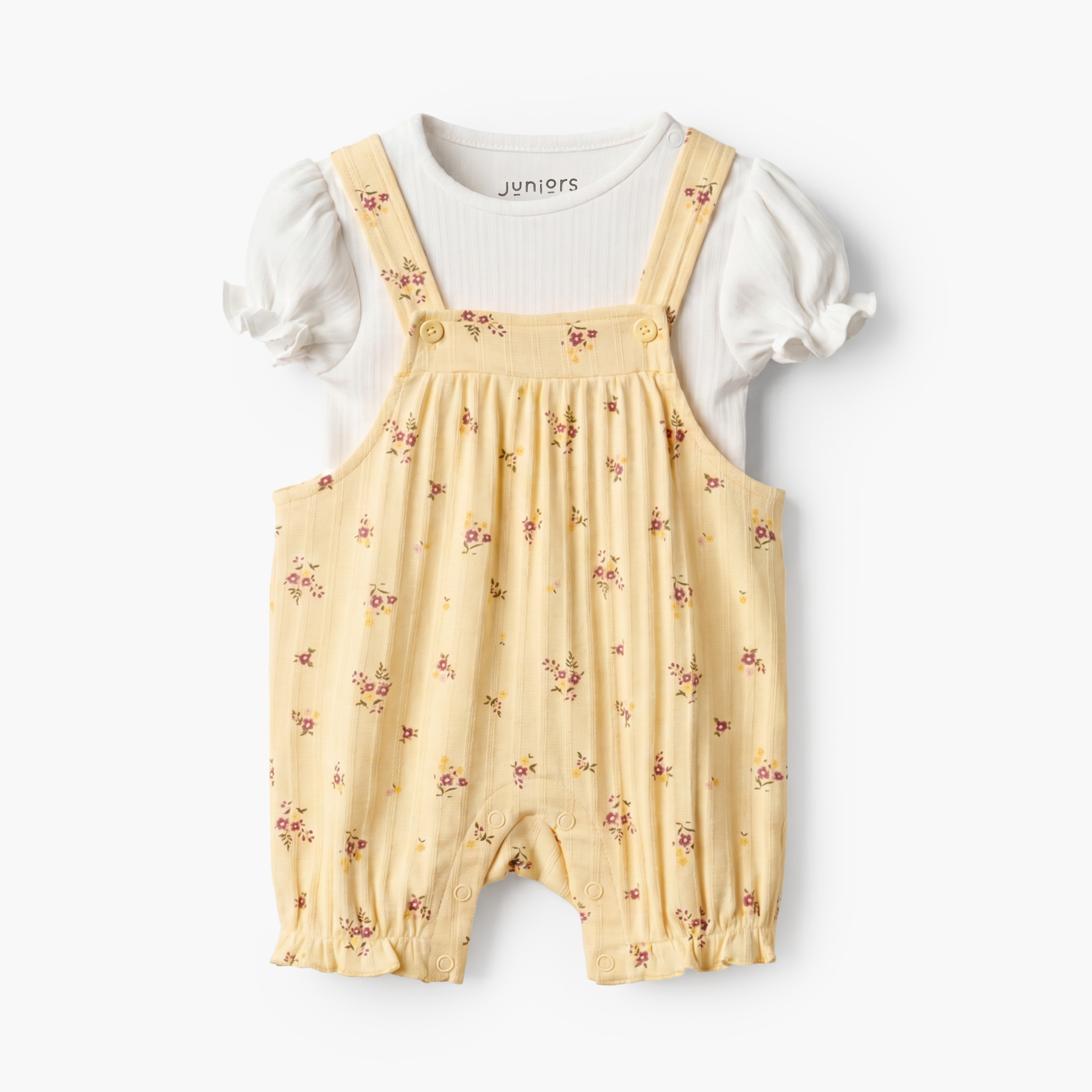 Juniors Crew Neck Short Sleeves T-shirt and Dungaree Set with Floral Print-baby-girls-clothing-setsandcoords-image-1
