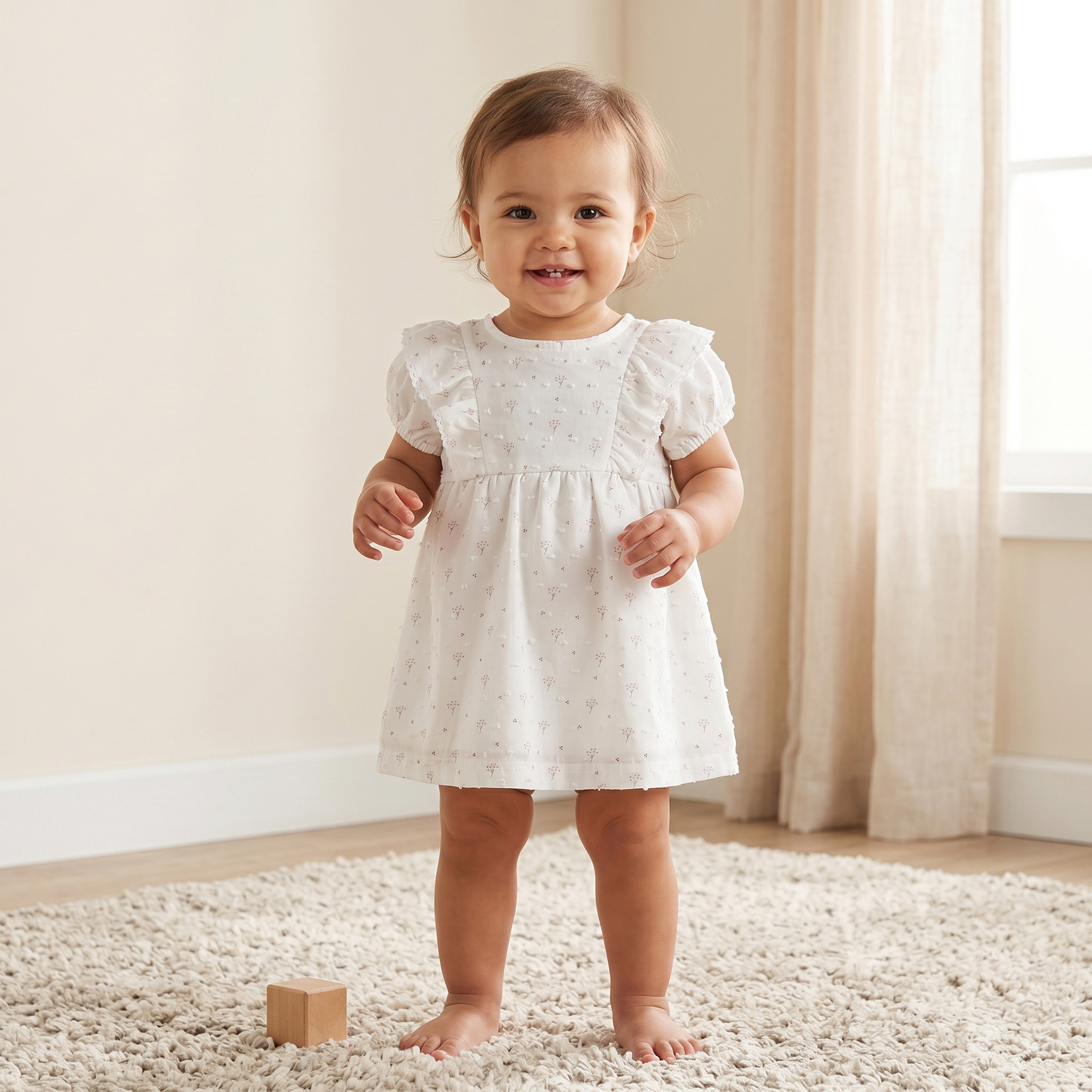 Giggles Round Neck Short Sleeves Knee Length Dress with Botanical Print-baby-girls-clothing-dressesandjumpsuits-image-1