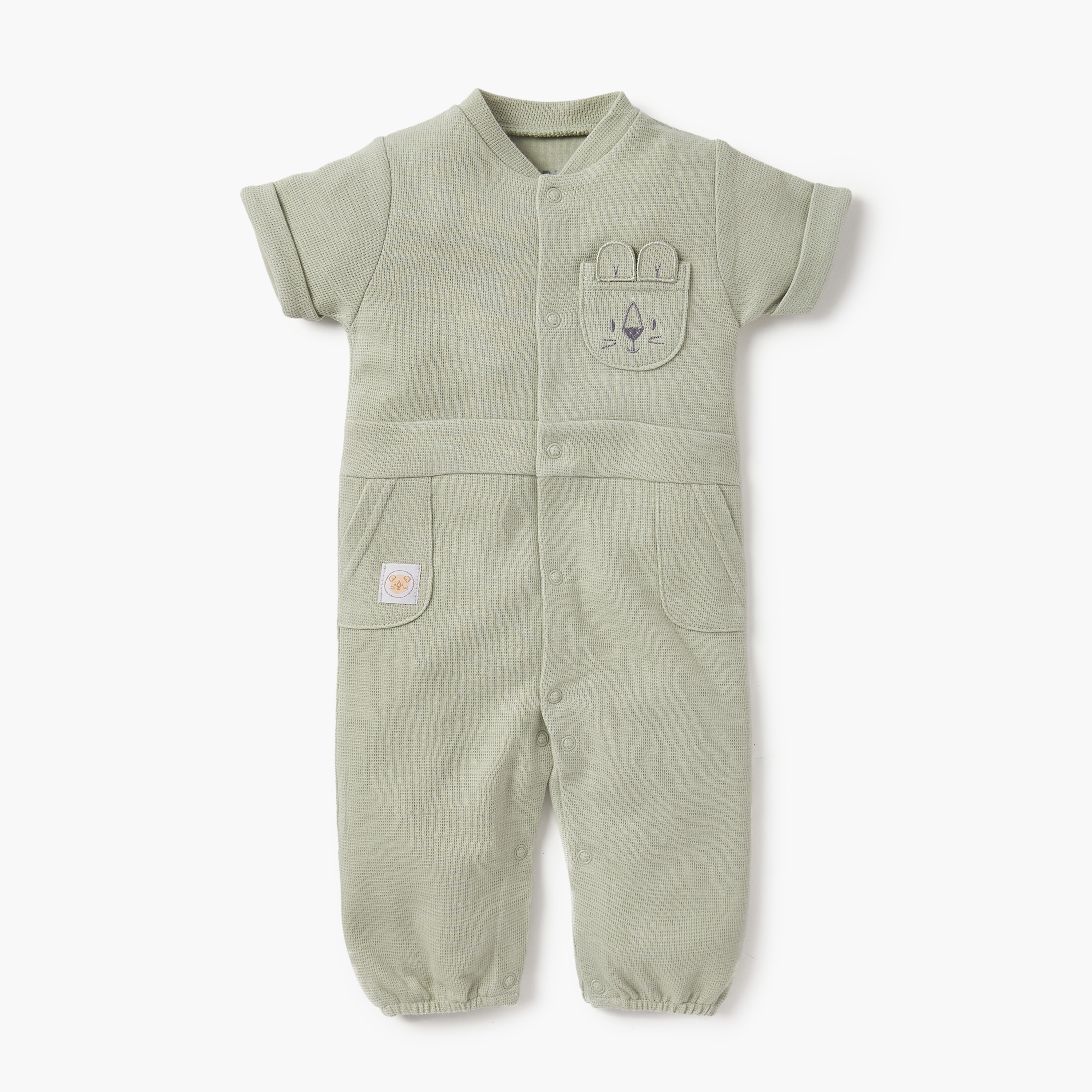 Juniors Cat Applique Sleepsuit with Short Sleeves and Button Closure-baby-boys-clothing-nightwear-sleepsuits-image-1