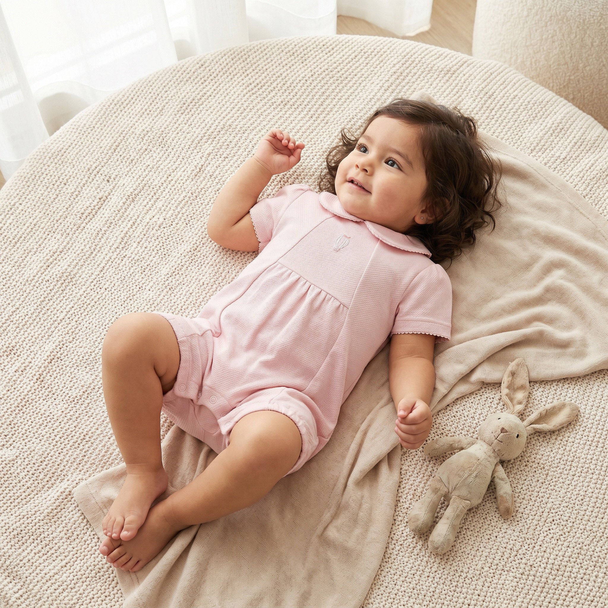 Giggles Peter Pan Collar Short Sleeves Romper with Snap Button Closure-baby-girls-clothing-rompers-image-1