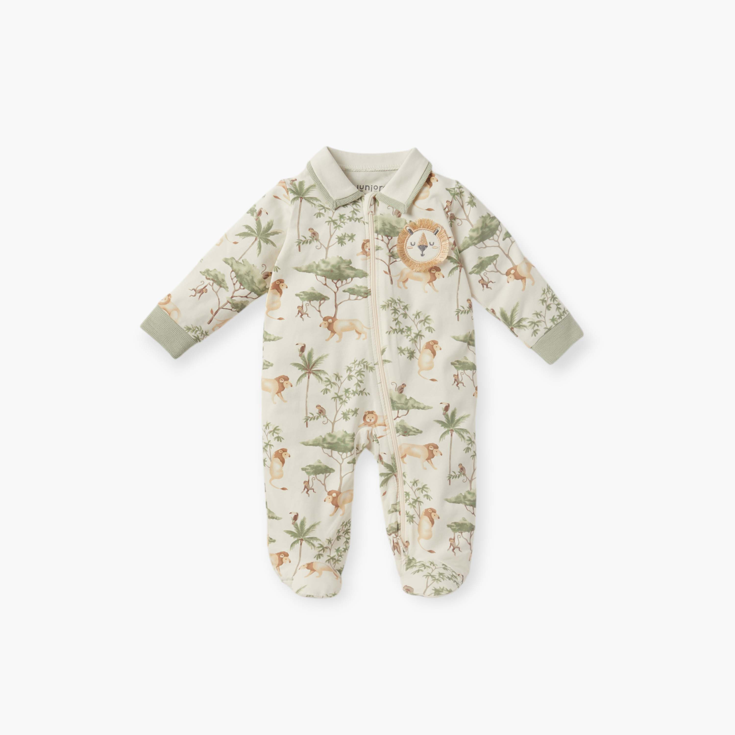 Juniors Safari Print Closed Foot Sleepsuit with Long Sleeves and Zip Closure-baby-boys-clothing-nightwear-sleepsuits-image-1
