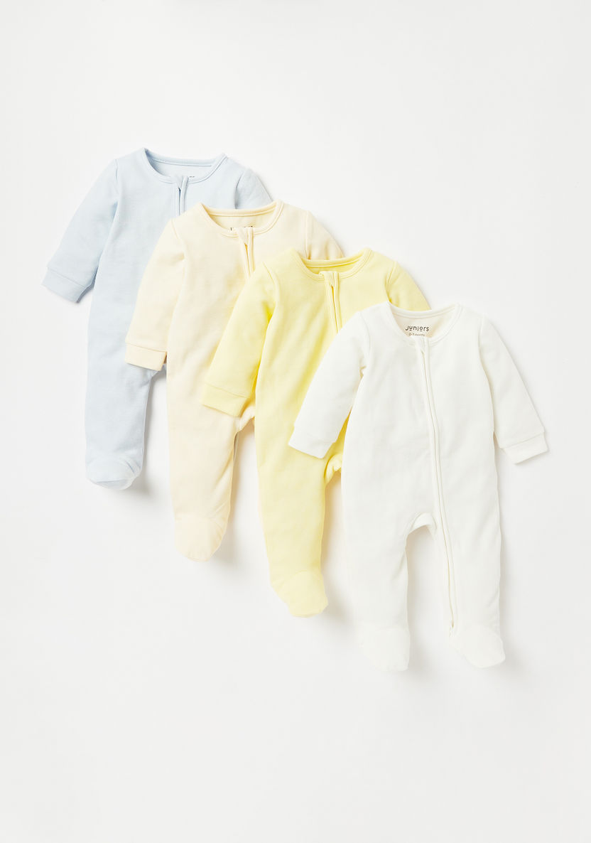 Juniors Solid Sleepsuit with Long Sleeves and Zip Closure - Set of 4-Sleepsuits-image-0