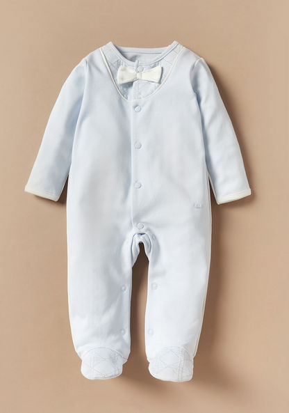 Giggles Solid Long Sleeves Sleepsuit with Bow Detail-Sleepsuits-image-0