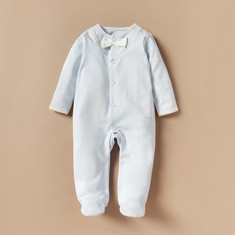 Giggles Solid Long Sleeves Sleepsuit with Bow Detail