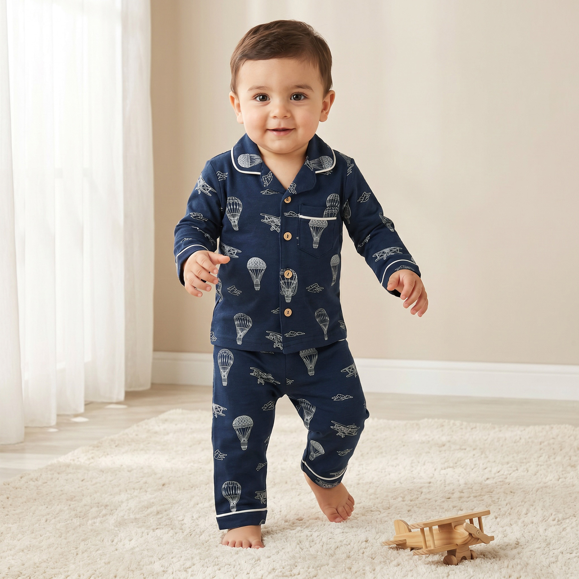 طقم بيجاما قطن بأكمام طويلة وياقة بطبعات منطاد هواء ساخن من جونيورز-baby-boys-clothing-nightwear-pyjamasets-image-1