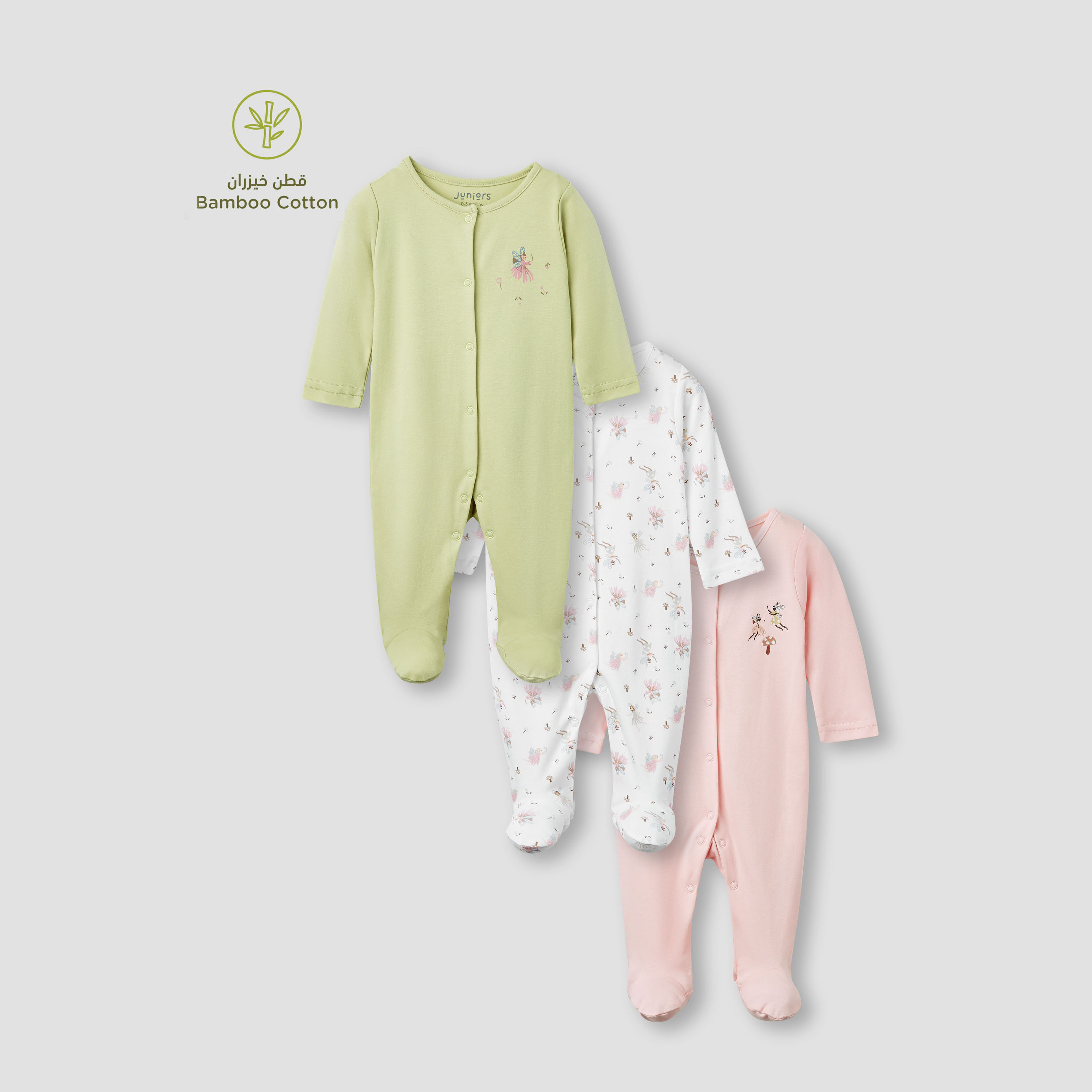 Juniors Printed Closed Feet Sleepsuit with Long Sleeves - Set of 3-baby-girls-clothing-nightwear-sleepsuits-image-1