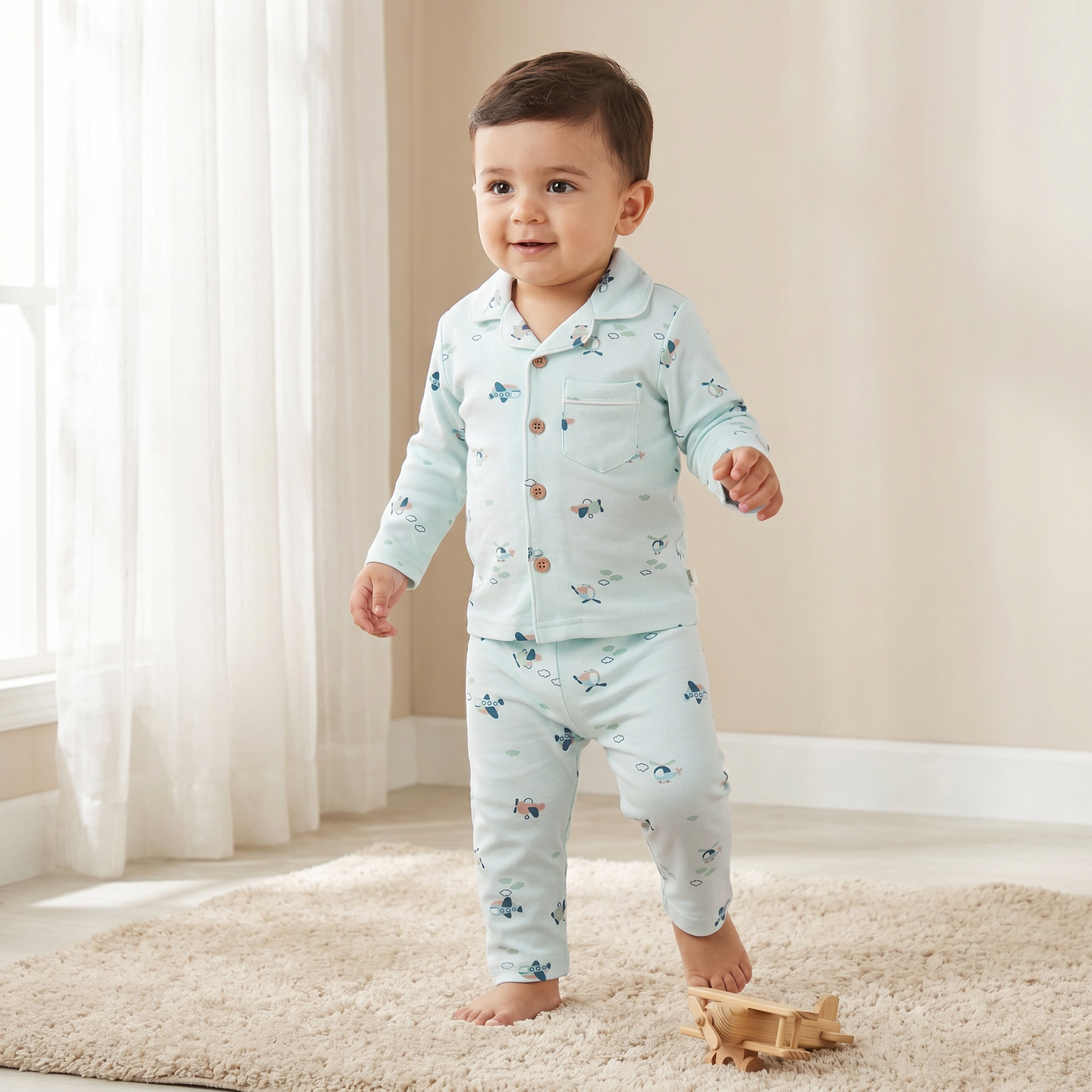 طقم بيجاما قطن بأكمام طويلة وياقة عاديّة بطبعات الطيران من جونيورز-baby-boys-clothing-nightwear-pyjamasets-image-1