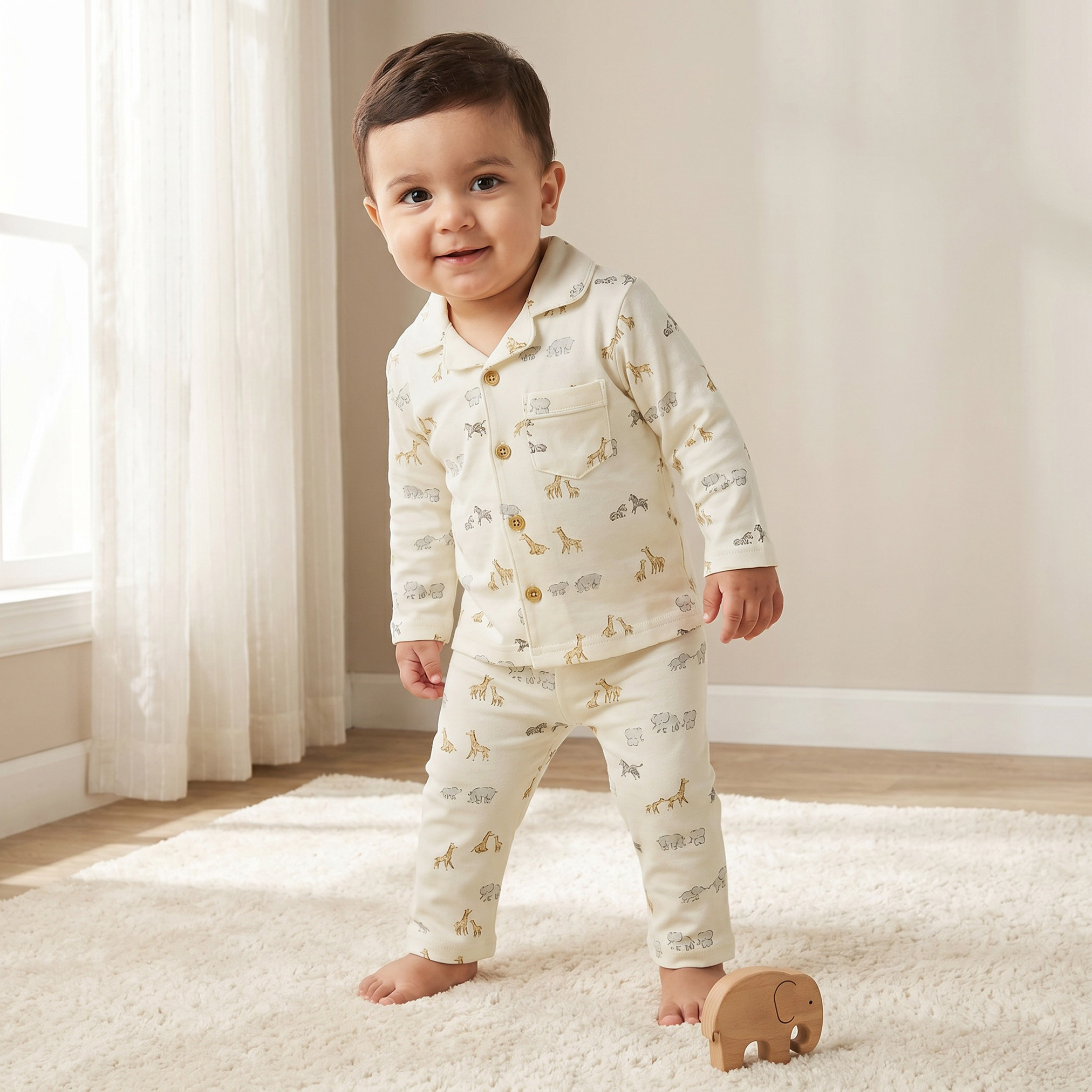 طقم بيجاما قطن بأكمام طويلة وياقة بطبعات سفاري من جونيورز-baby-boys-clothing-nightwear-pyjamasets-image-1
