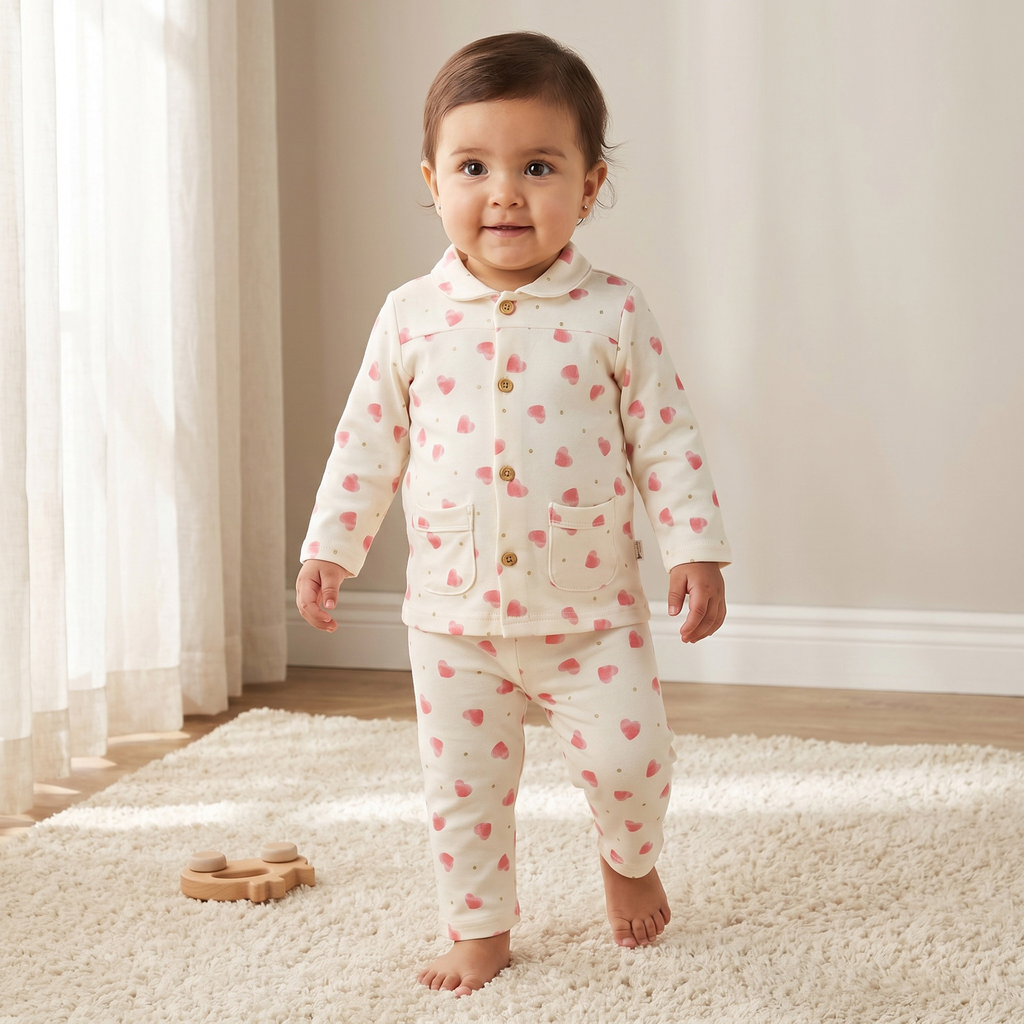 طقم بيجاما قطن بأكمام طويلة وياقة بطبعات قلوب من جونيورز-baby-girls-clothing-nightwear-pyjamasets-image-1