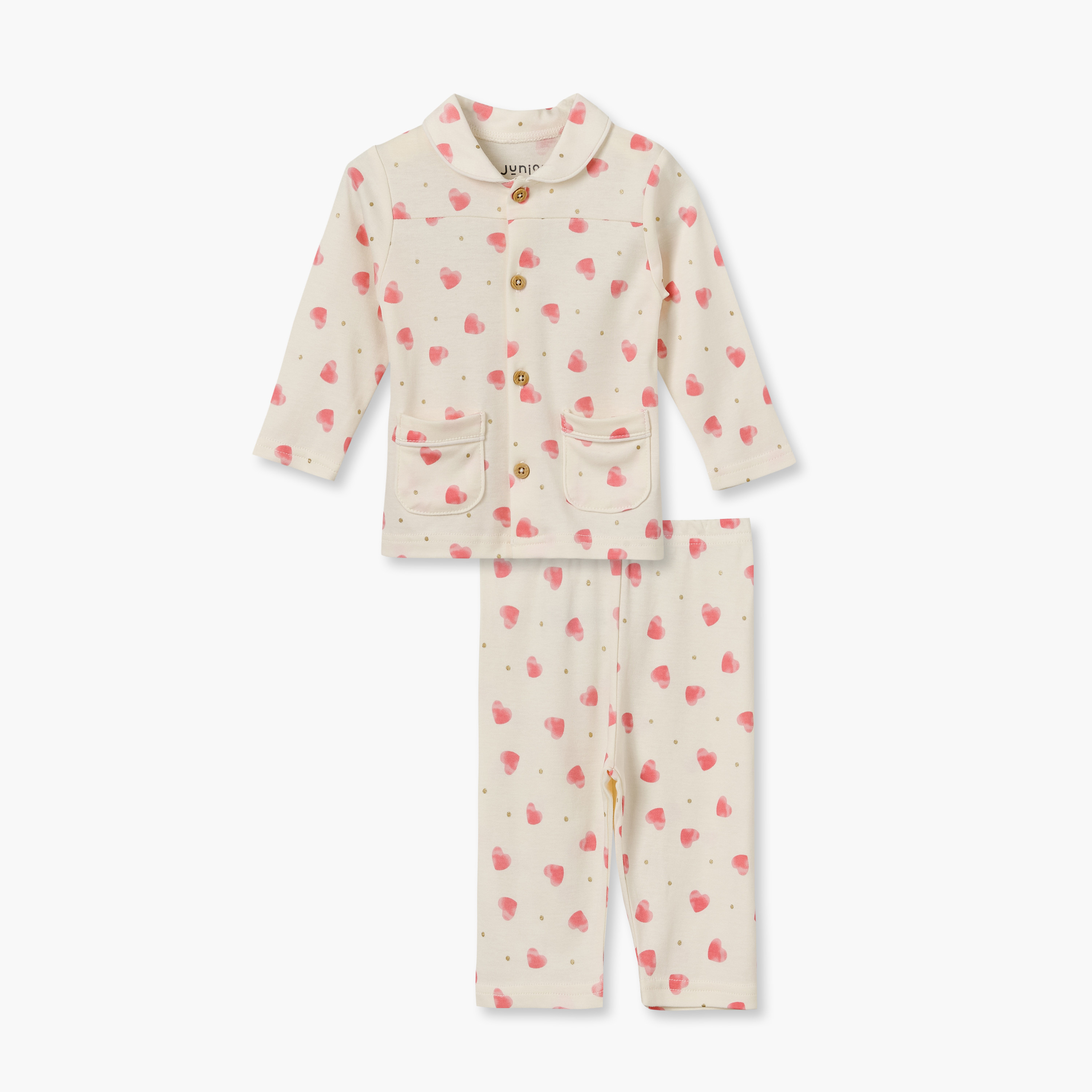 طقم بيجاما قطن بأكمام طويلة وياقة بطبعات قلوب من جونيورز-baby-girls-clothing-nightwear-pyjamasets-image-2