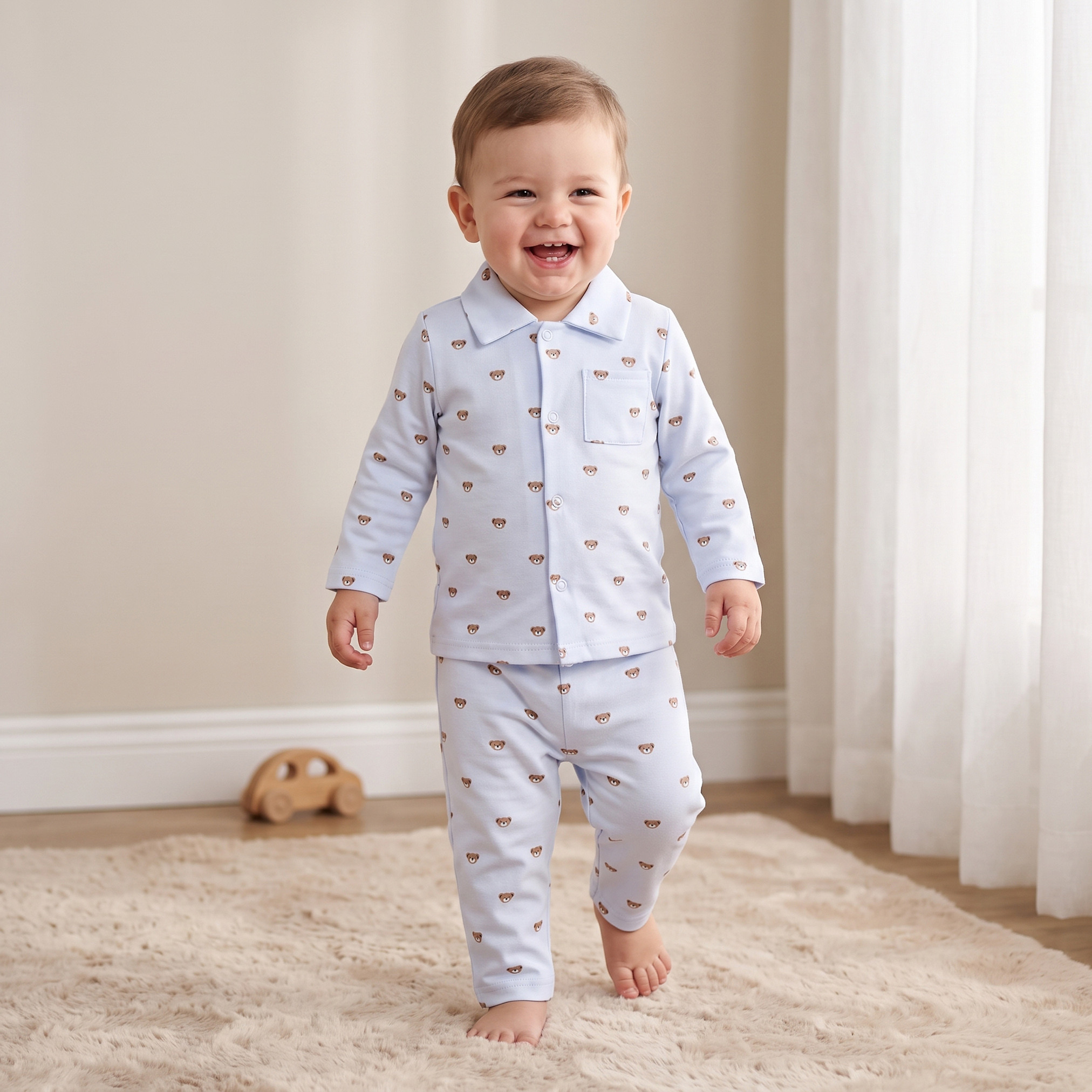 طقم بيجاما قطن بياقة عادية وأكمام طويلة وطبعات دب من جيجلز-baby-boys-clothing-nightwear-pyjamasets-image-1