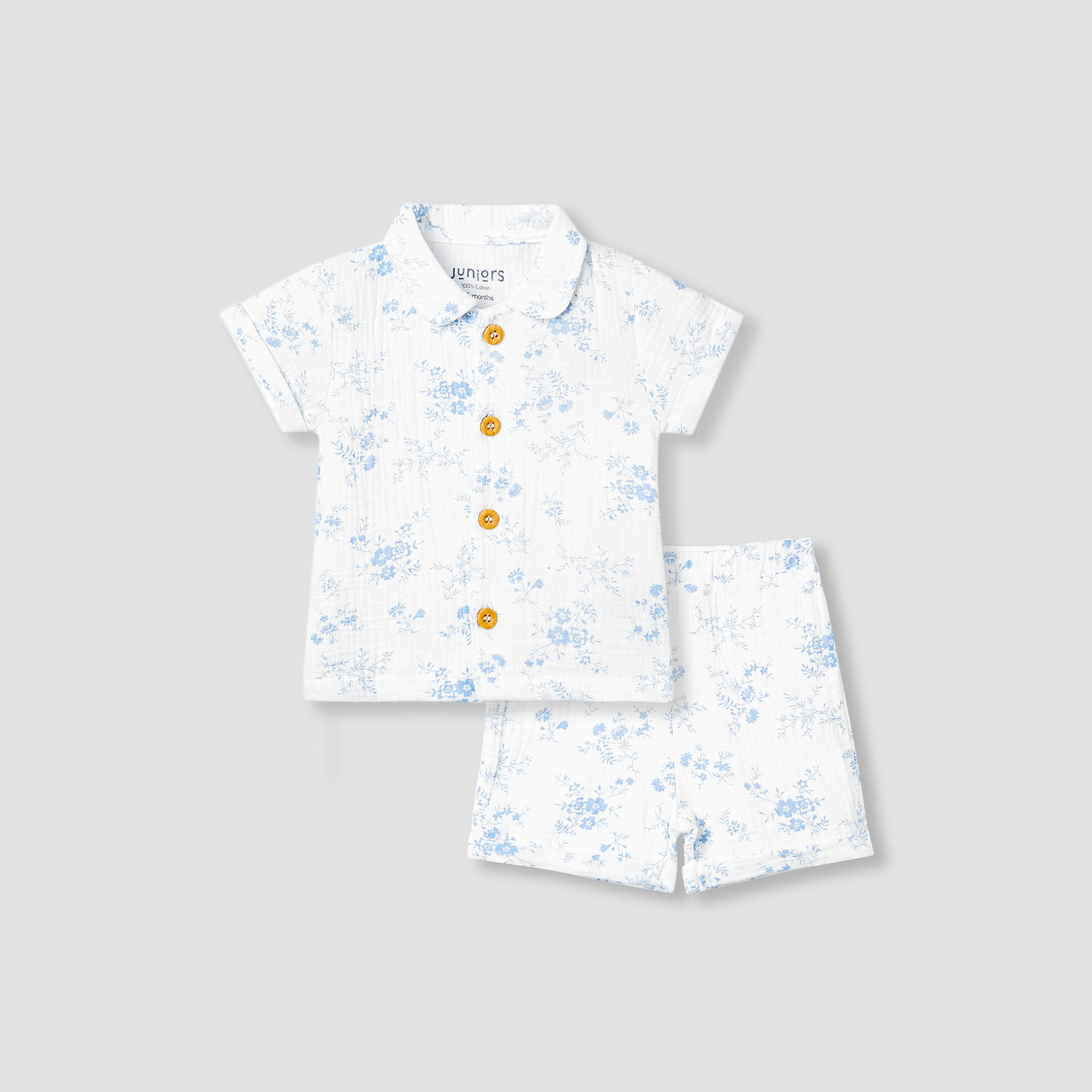 Juniors Girls Shirt and Shorts Set with Floral Print - Cotton - Short Sleeves - Collar-baby-girls-clothing-setsandcoords-image-2