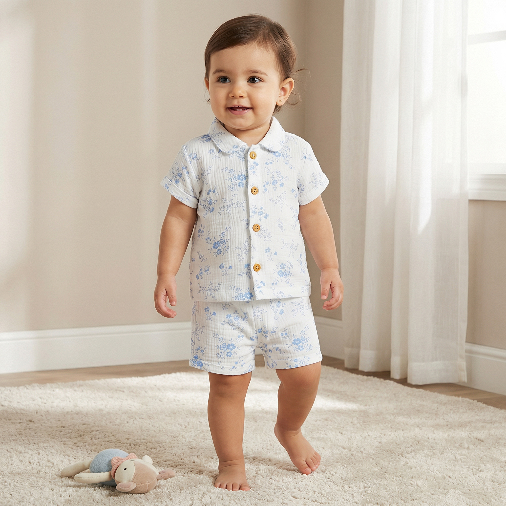 Juniors Girls Shirt and Shorts Set with Floral Print - Cotton - Short Sleeves - Collar-baby-girls-clothing-setsandcoords-image-1