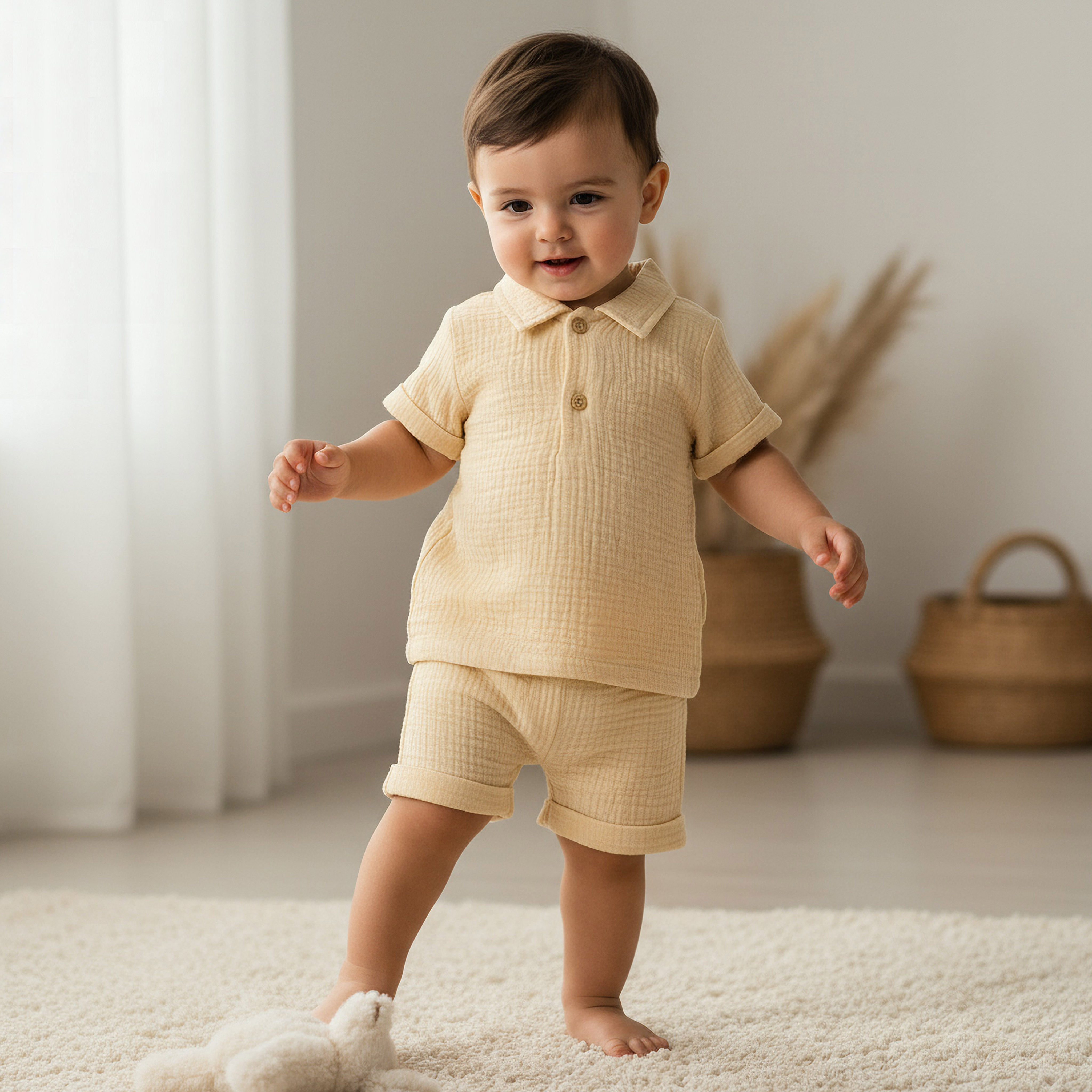 Juniors Cotton Collared Short Sleeves Shorts Set with Textured Design-baby-boys-clothing-setsandcoords-image-1