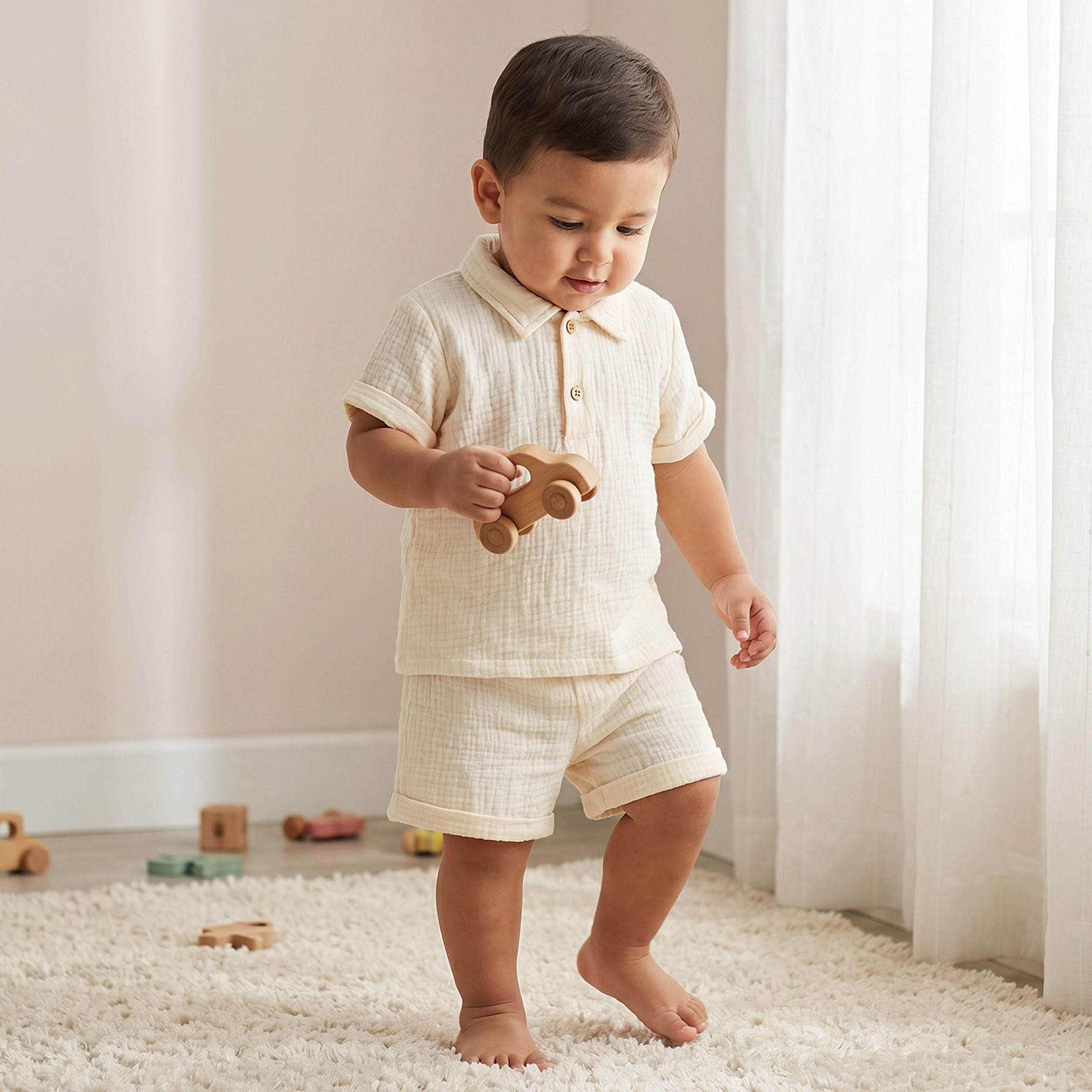 Juniors Cotton Collared Short Sleeves Shorts Set with Textured Design-baby-boys-clothing-setsandcoords-image-2